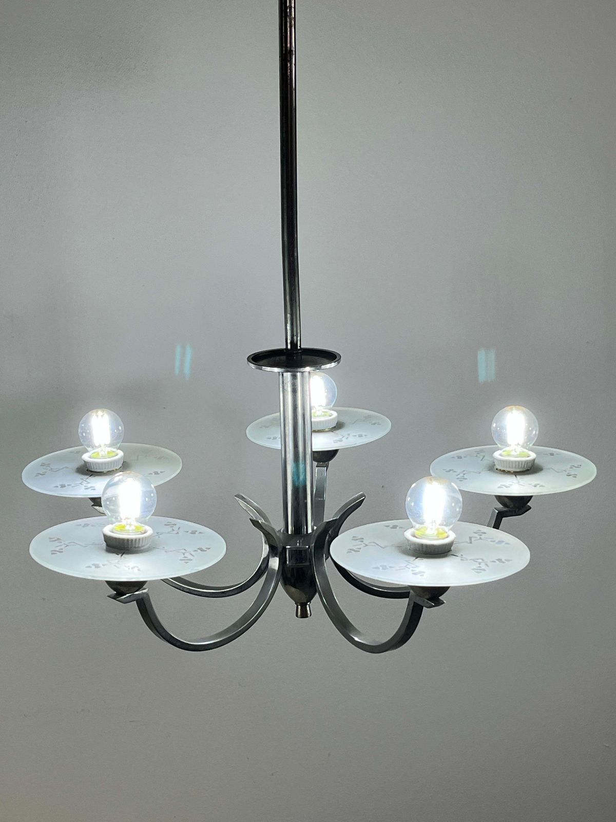 5 Light Metal And Glass Chandelier, Italy, 1940s photo 640.0