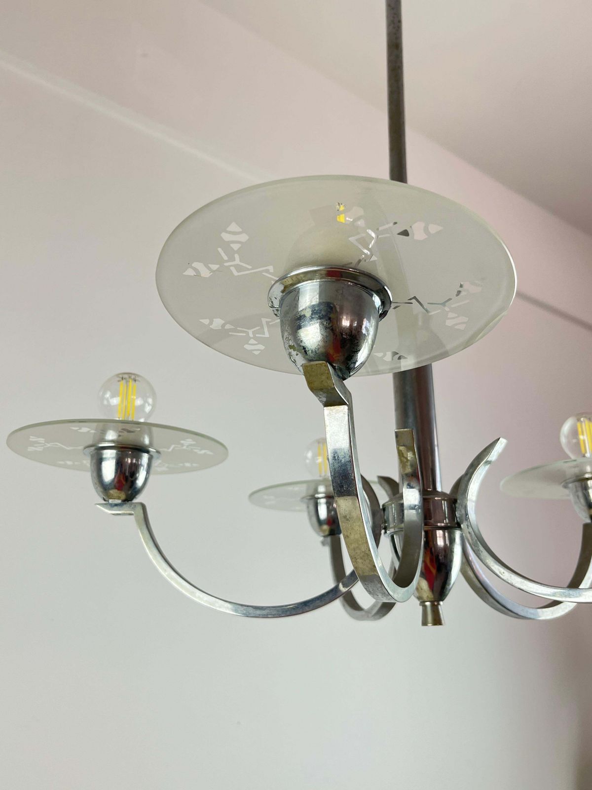 5 Light Metal And Glass Chandelier, Italy, 1940s photo vintage