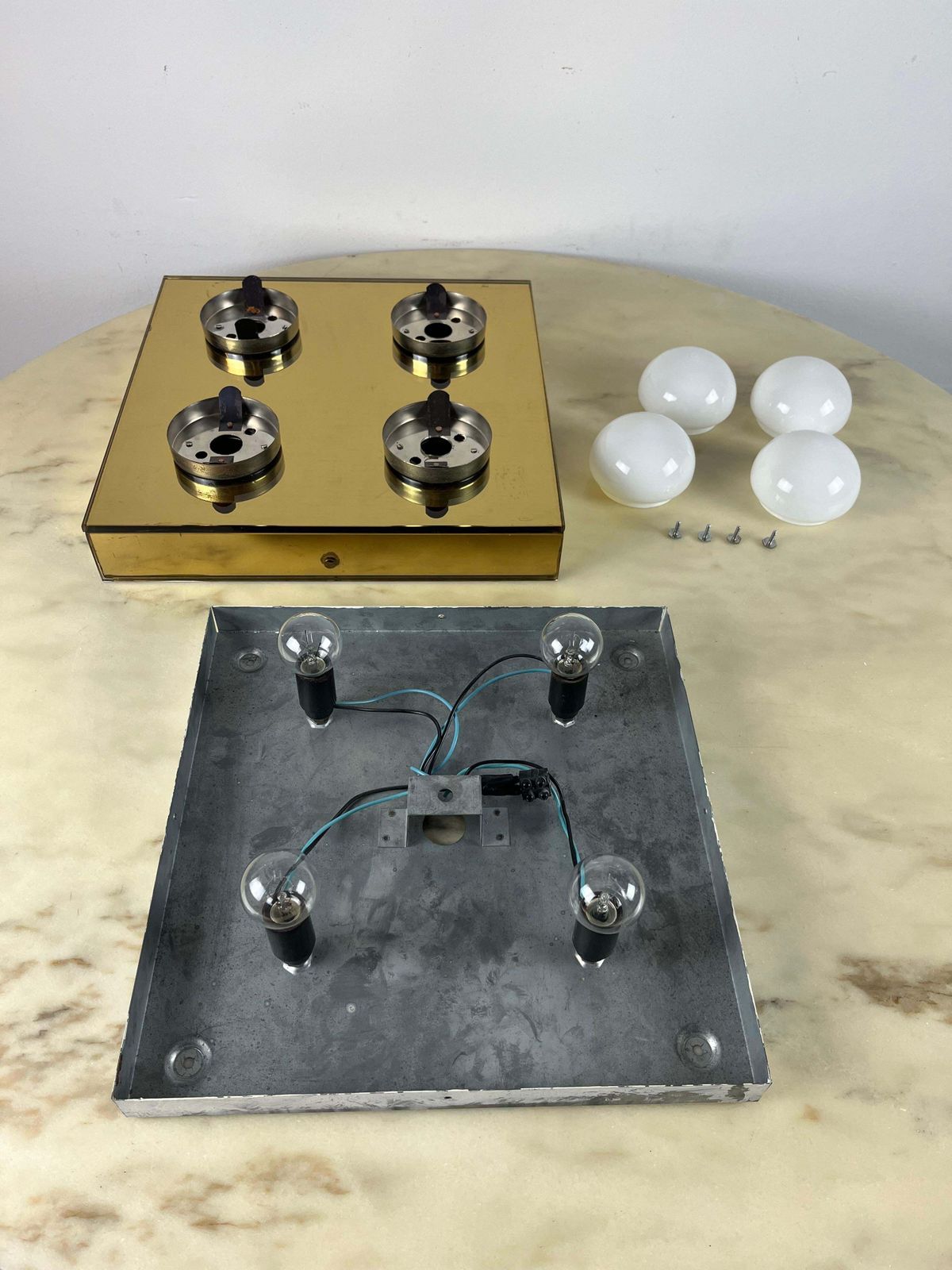 photo for sale 4 Light Ceiling Lamp Golden Mirror  Mid Century 1960s Italian Design