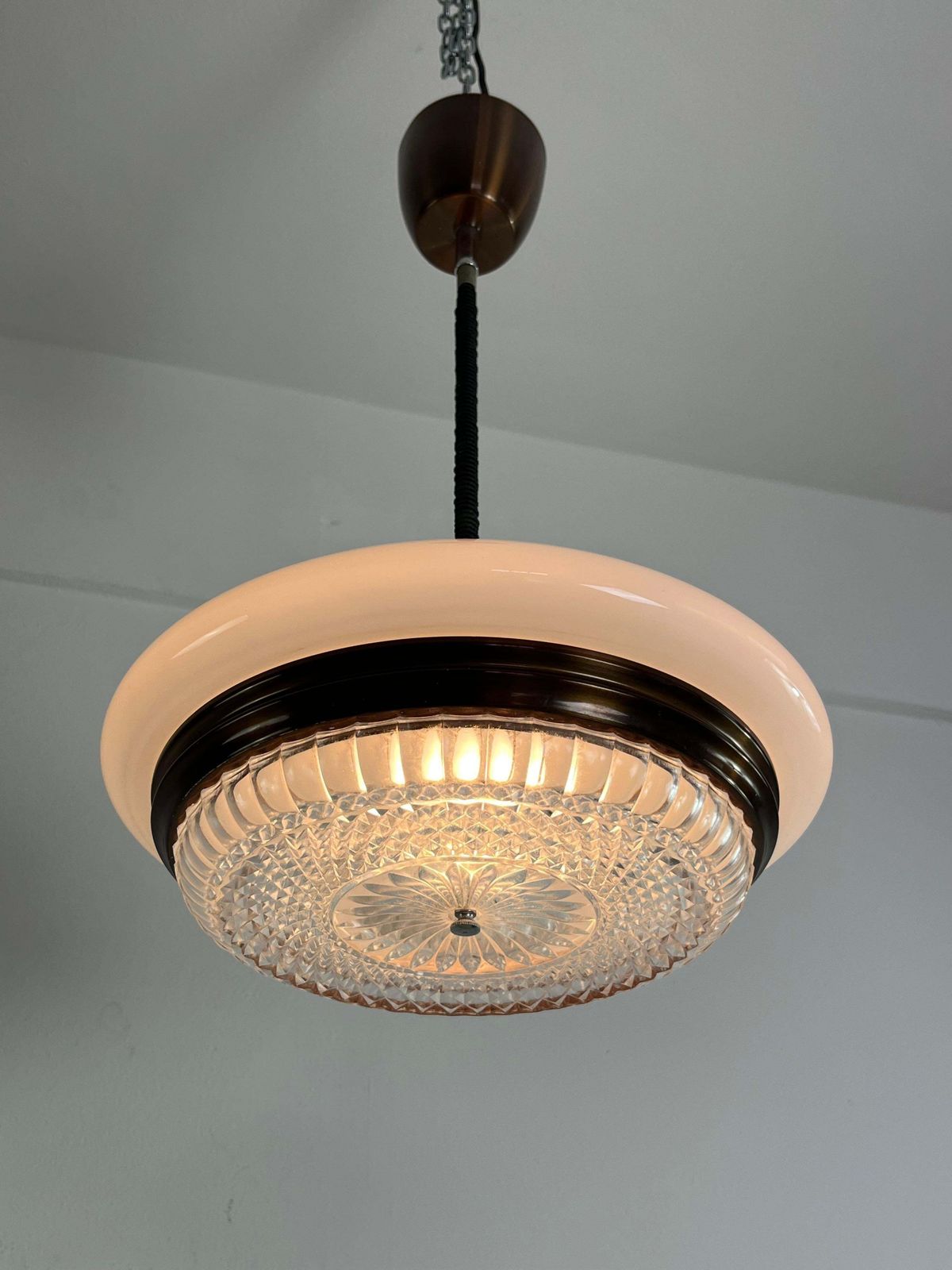 Mid Century Opaline Glass And Crystal Chandelier, 1960s photo furniture