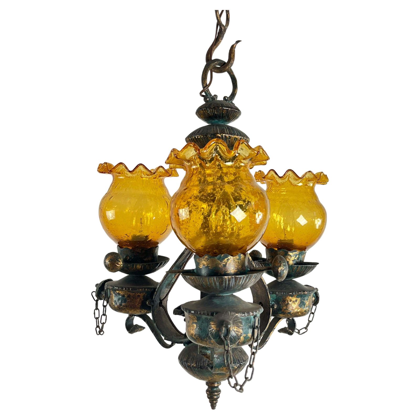 Mid Century Brutalist Iron And Glass Chandelier  1960s