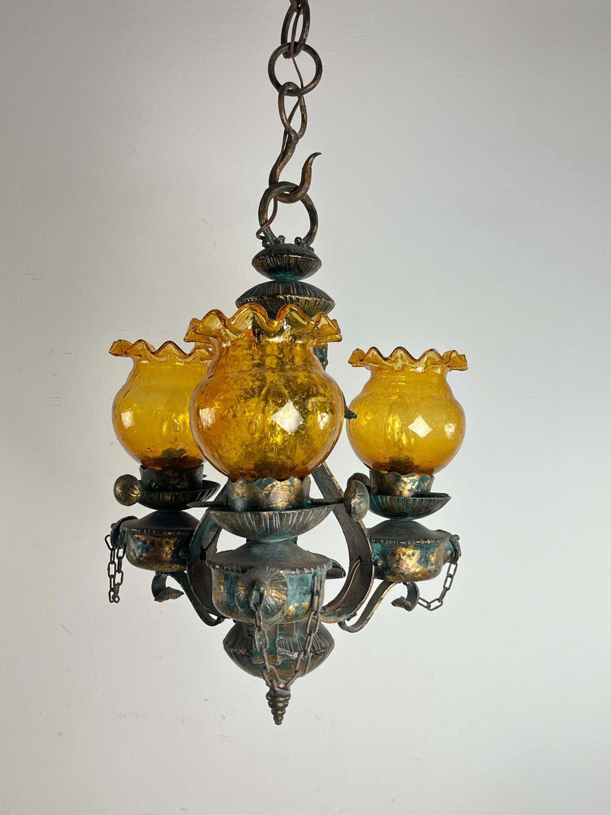 Mid Century Brutalist Iron And Glass Chandelier  1960s photo vintage