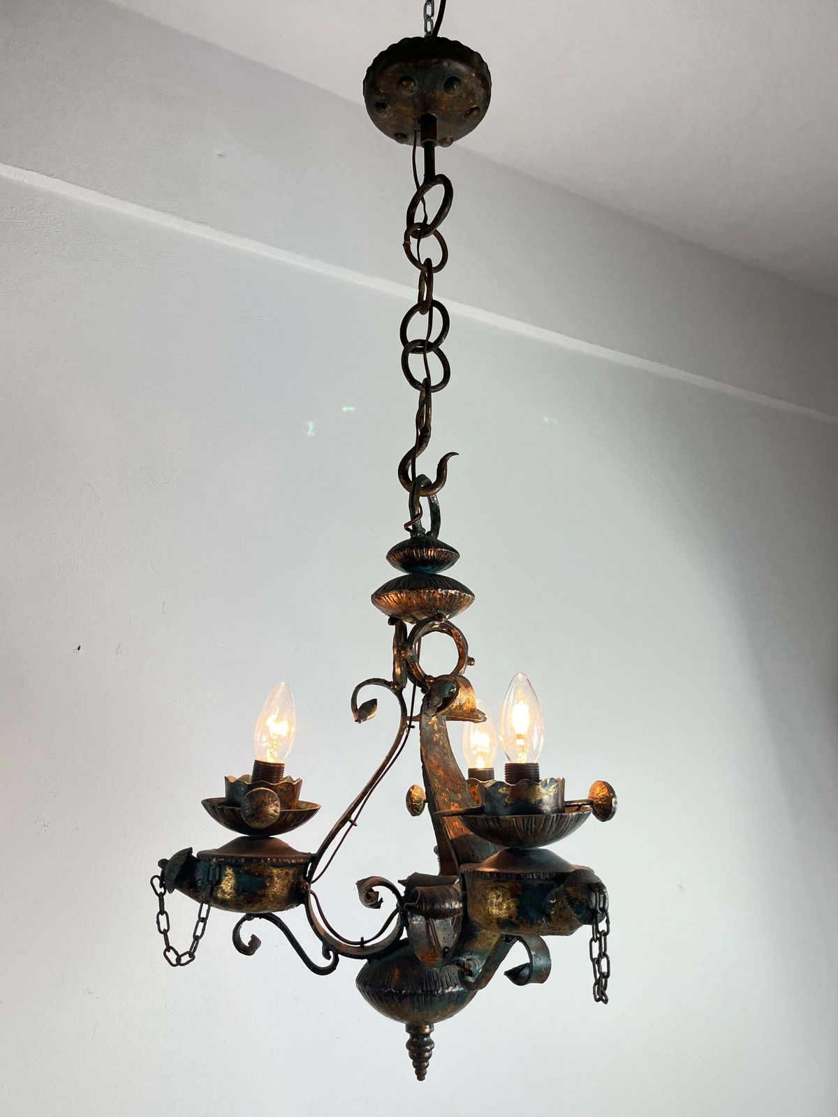 photo for sale Mid Century Brutalist Iron And Glass Chandelier  1960s