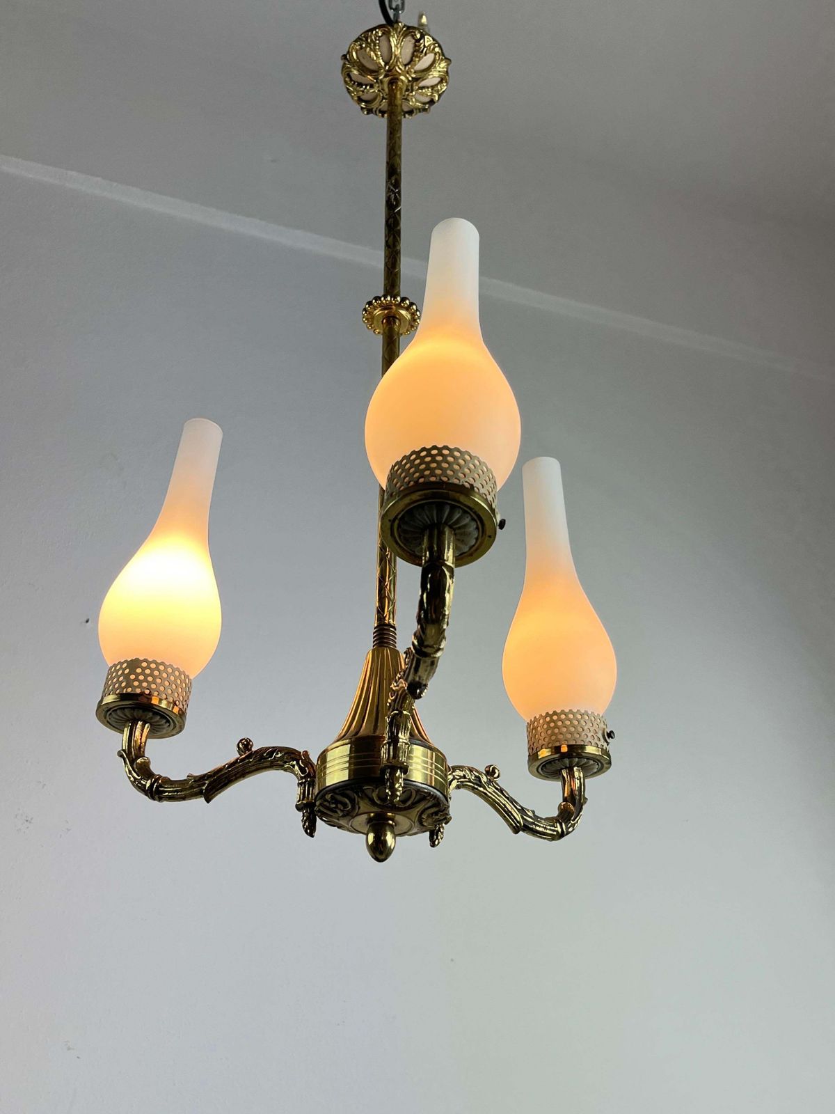 Mid Century 3 Light Brass And Glass Chandelier  Attributed To Stilnovo 1950s photo buy
