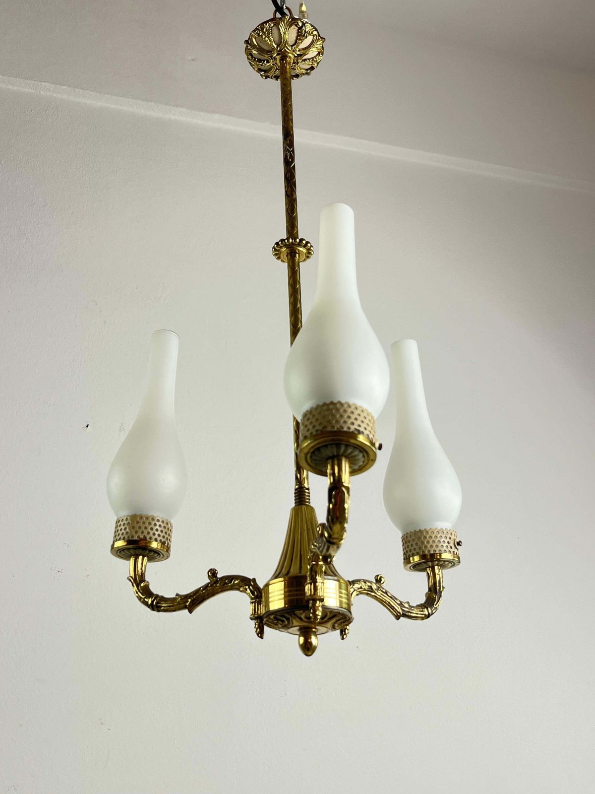 Mid Century 3 Light Brass And Glass Chandelier  Attributed To Stilnovo 1950s photo vintage