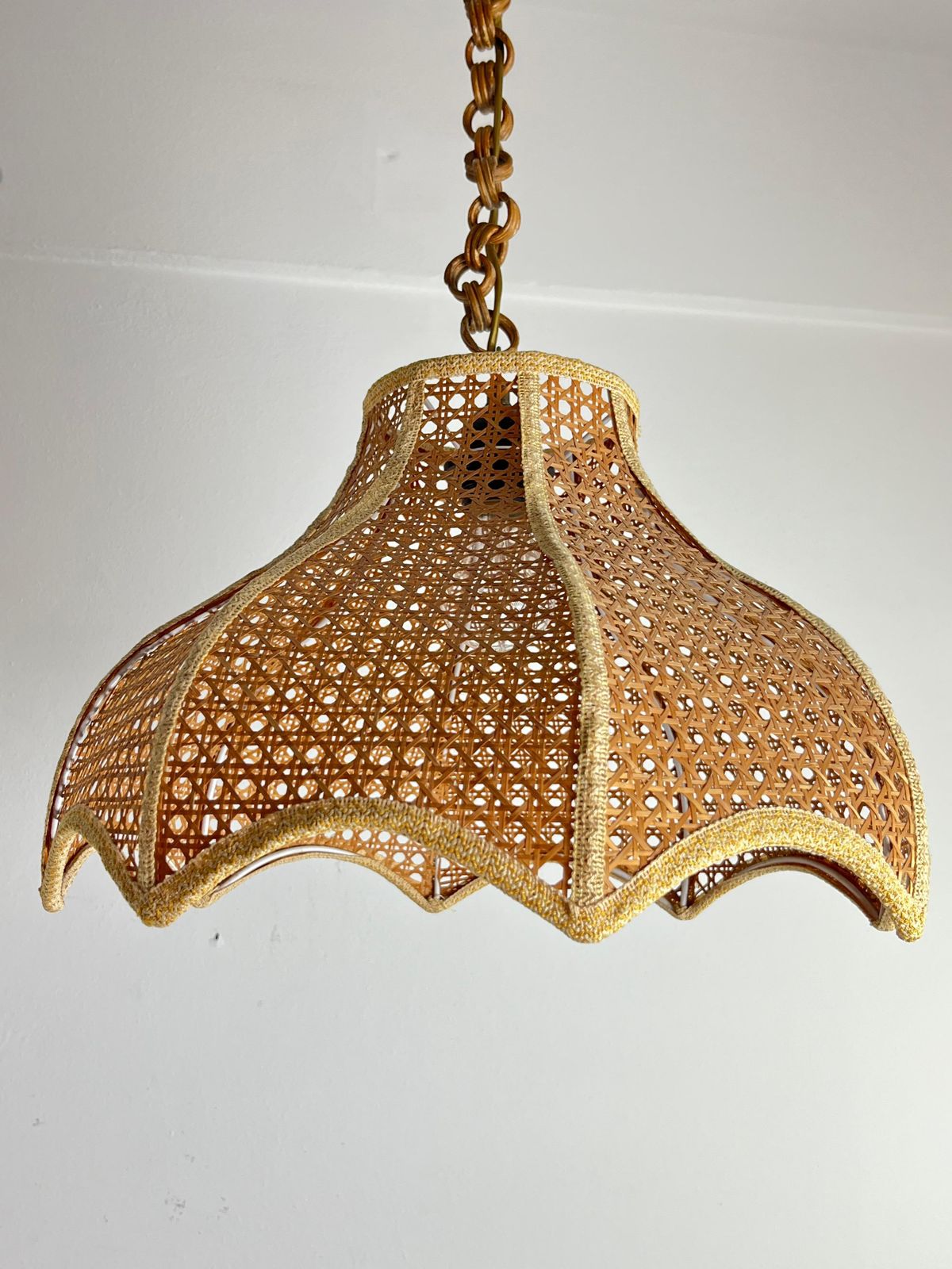photo for sale Mid Century Wicker And Rattan Chandelier Italian Design 1960s