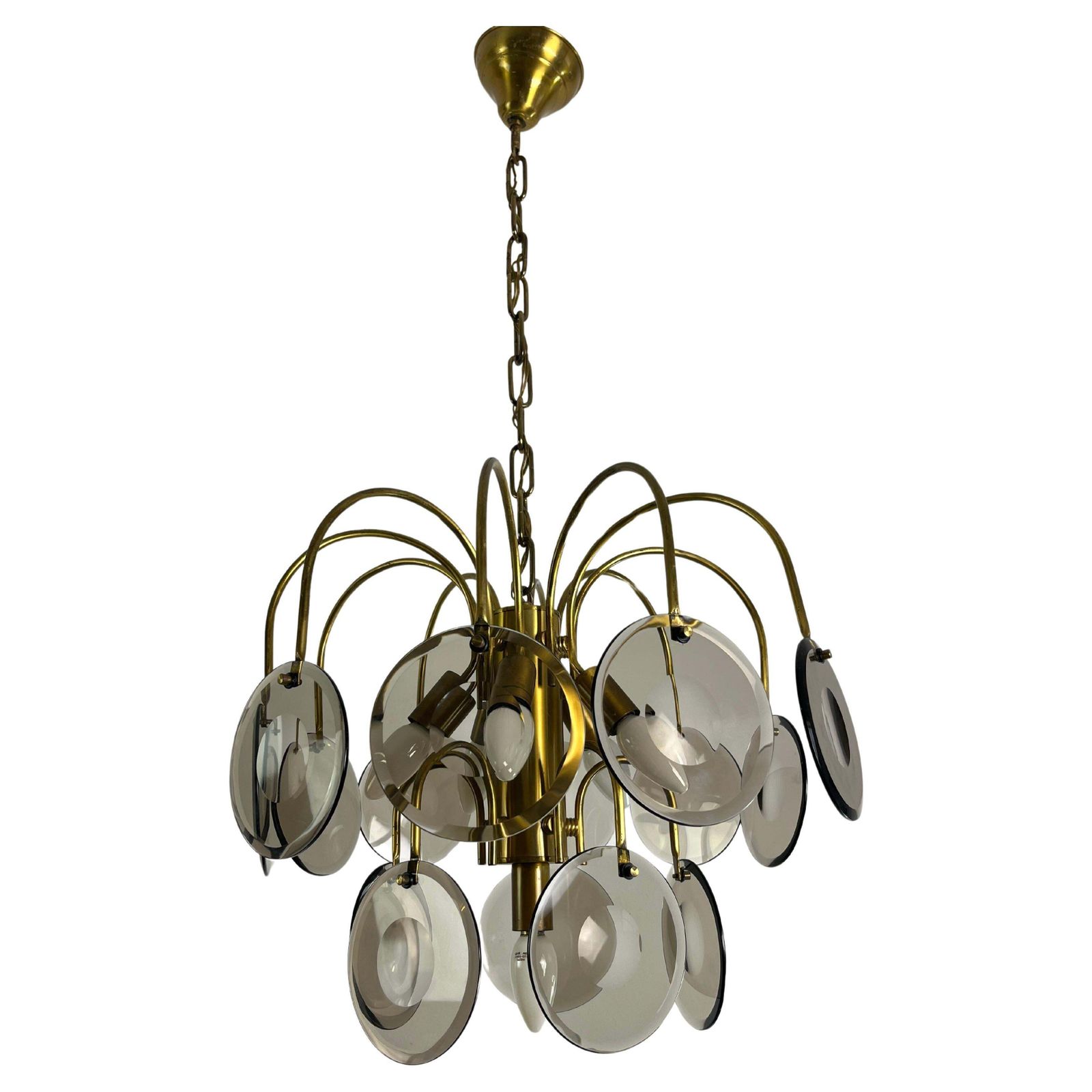 Murano Glass And Brass Chandelier Vistosi Design 6 Lights 1970s
