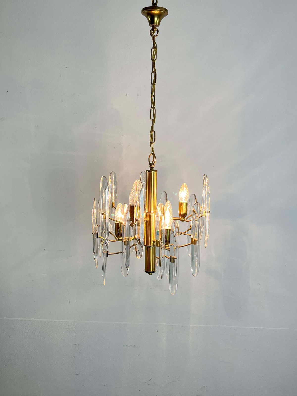 Mid Century 6 Light Brass And Crystal Chandelier Attributed To Sciolari 1960s photo for sale