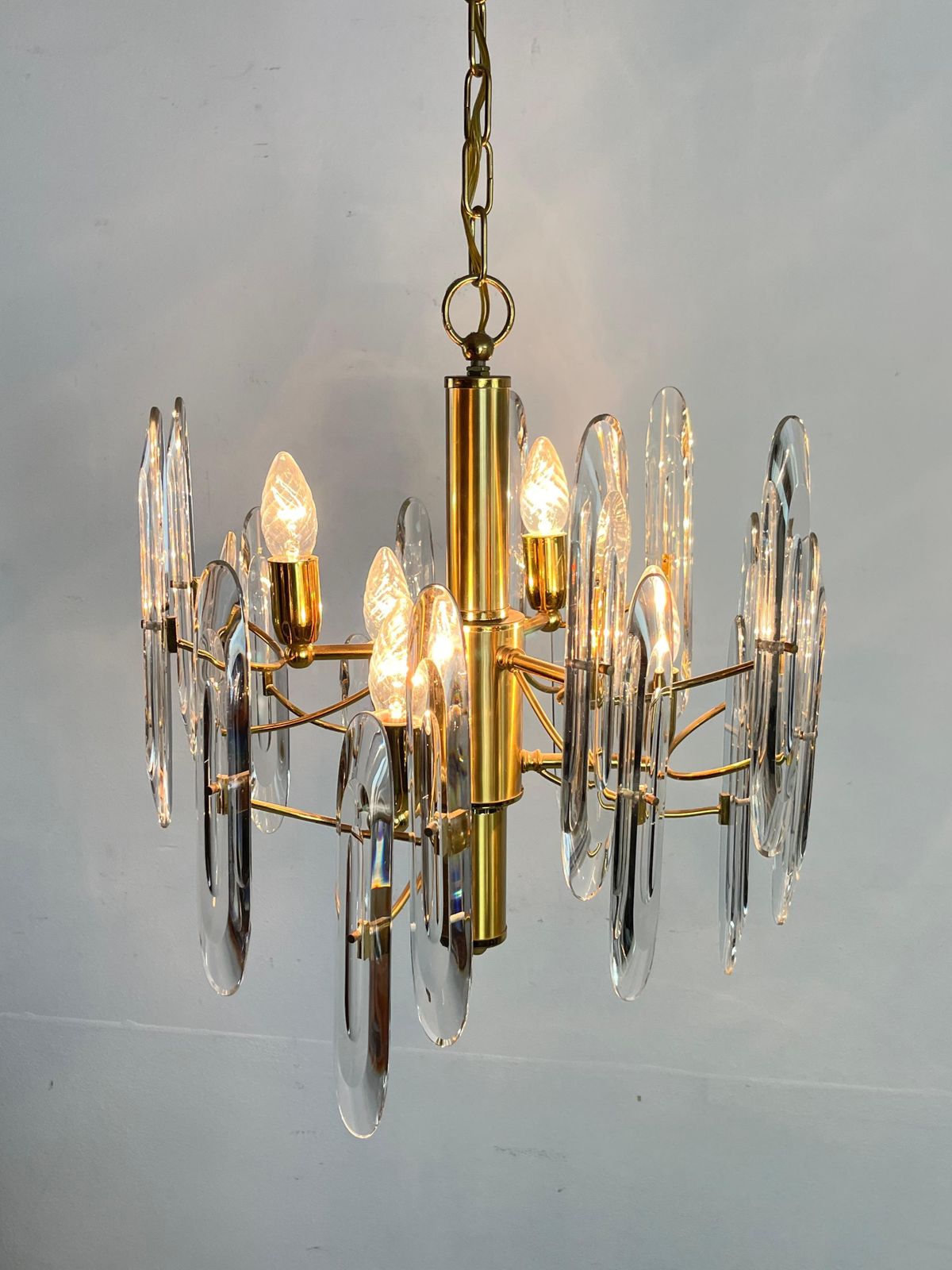 photo for sale Mid Century 6 Light Brass And Crystal Chandelier Attributed To Sciolari 1960s