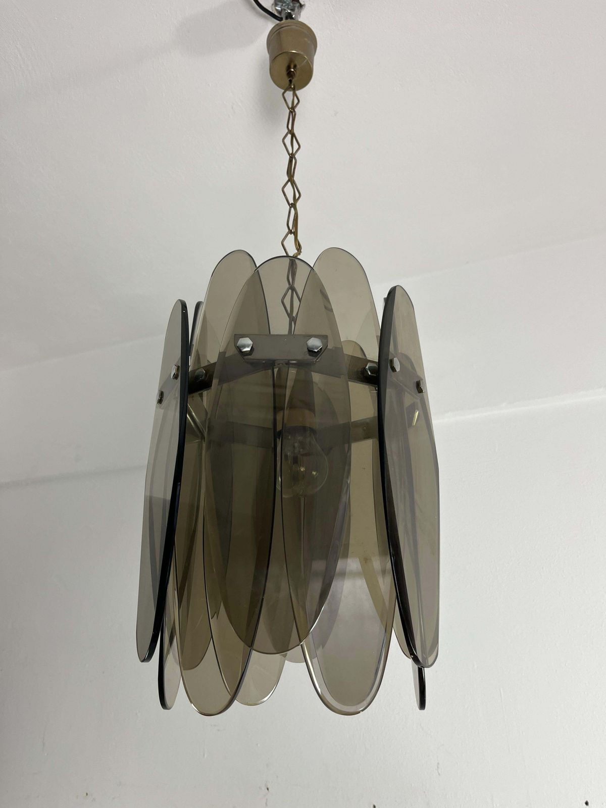 Mid Century Smoked Glass Chandelier With 12 Petals In The Style Of Max Ingrand photo vinterior