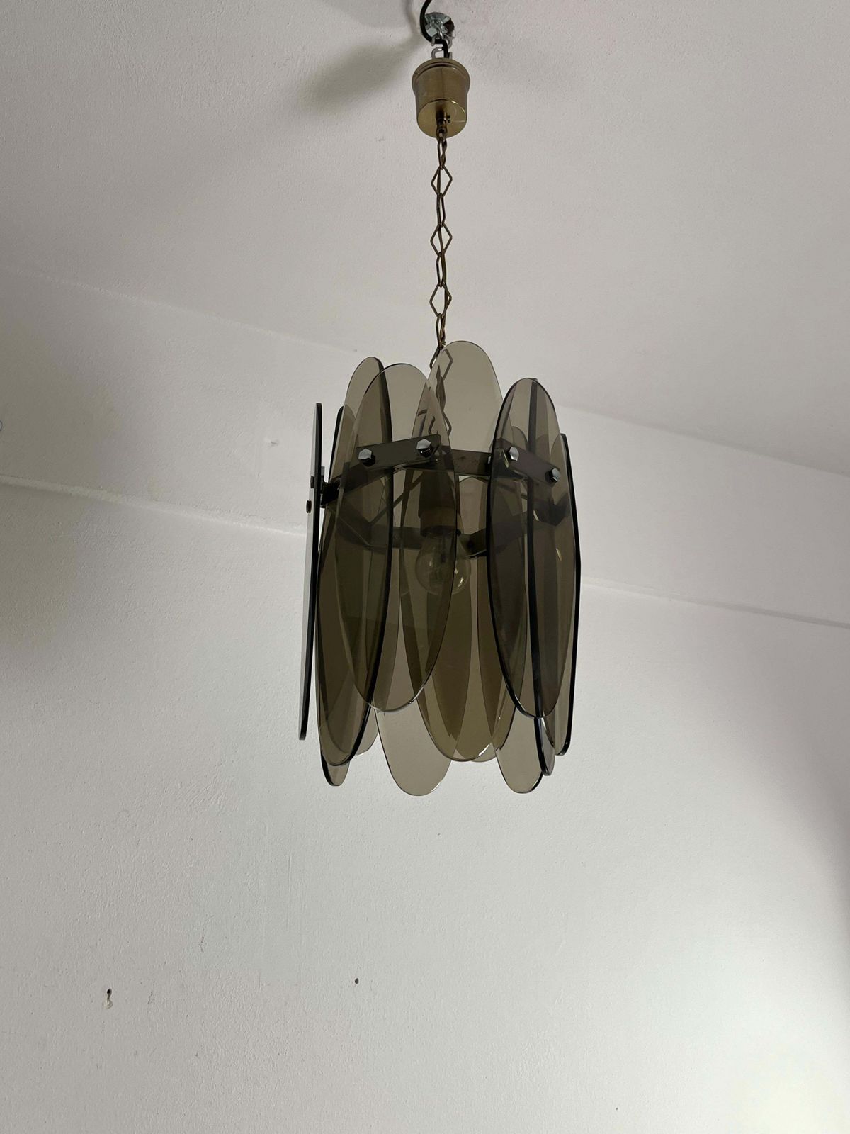 photo for sale Mid Century Smoked Glass Chandelier With 12 Petals In The Style Of Max Ingrand