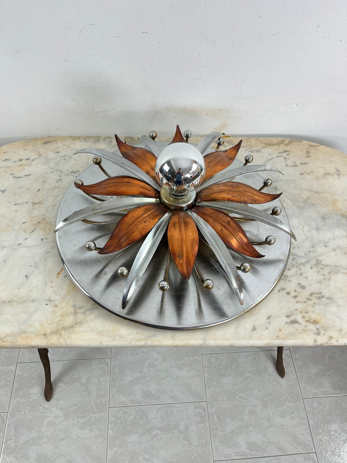 Mid Century Steel And Copper 5 Light Ceiling Light, Made In Italy 1960s photo buy