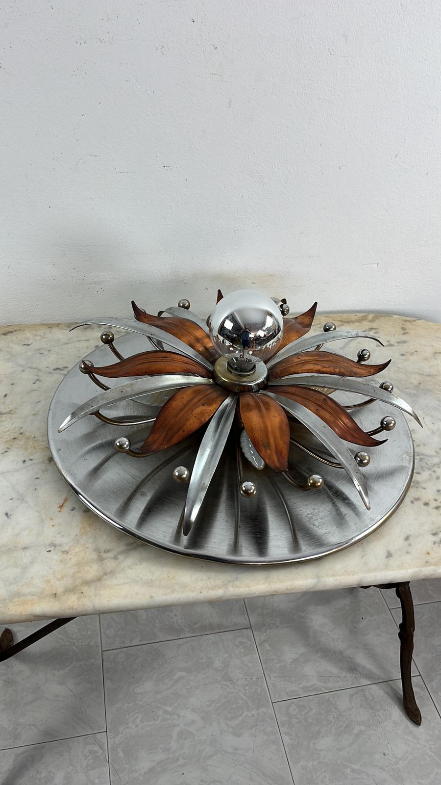 photo for sale Mid Century Steel And Copper 5 Light Ceiling Light, Made In Italy 1960s