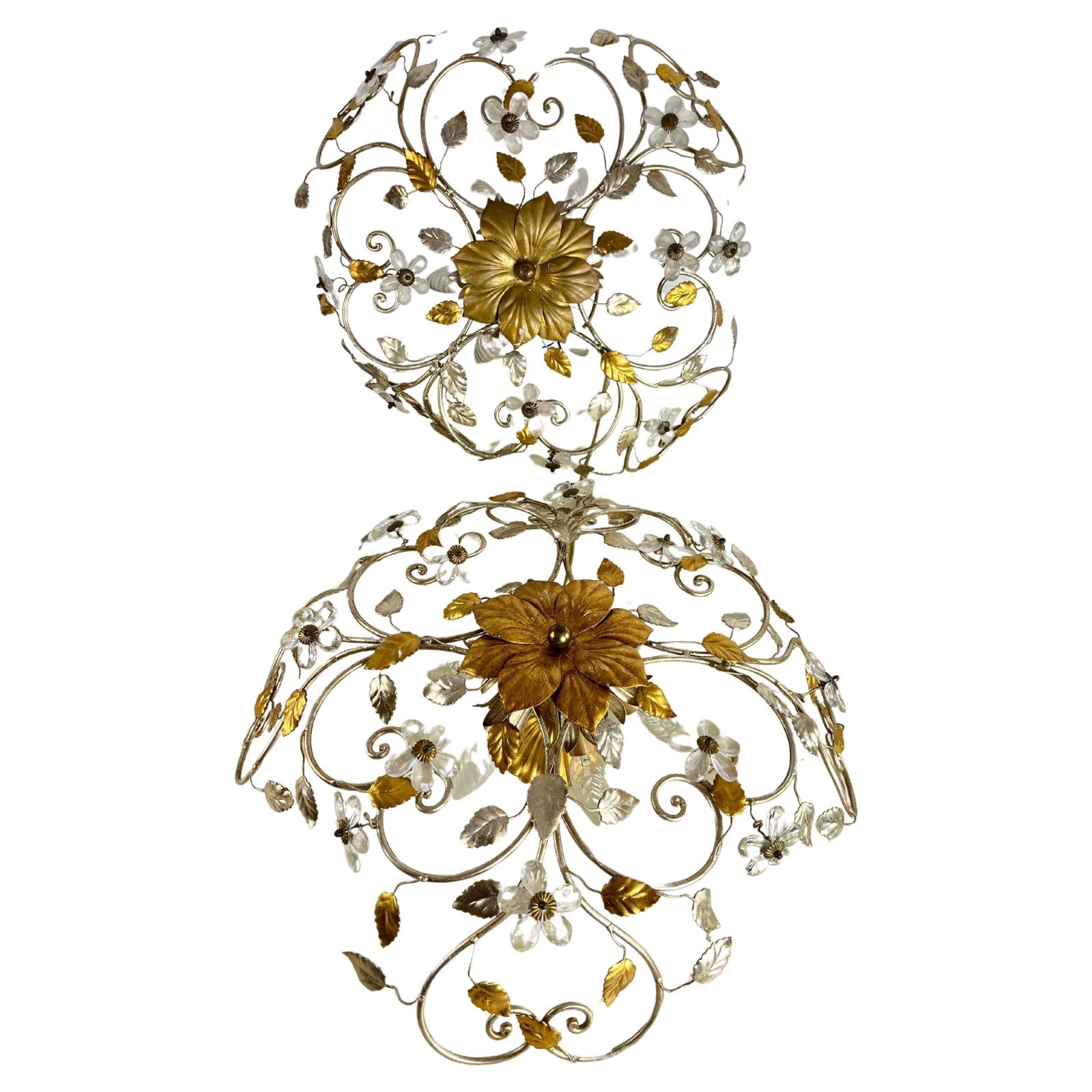 Set Of 2 Large Mid Century Maison Baguès Crystal And Iron Ceiling Lights