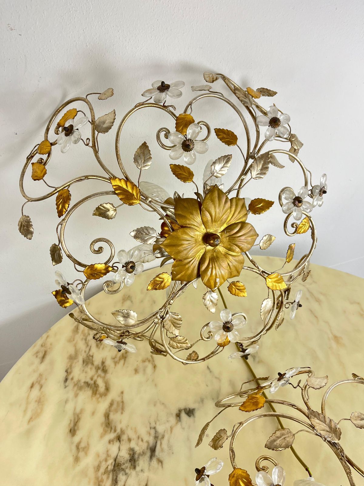 Set Of 2 Large Mid Century Maison Baguès Crystal And Iron Ceiling Lights photo for sale
