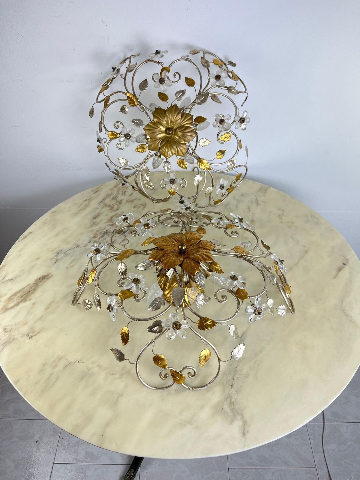 Set Of 2 Large Mid Century Maison Baguès Crystal And Iron Ceiling Lights photo 2467.0