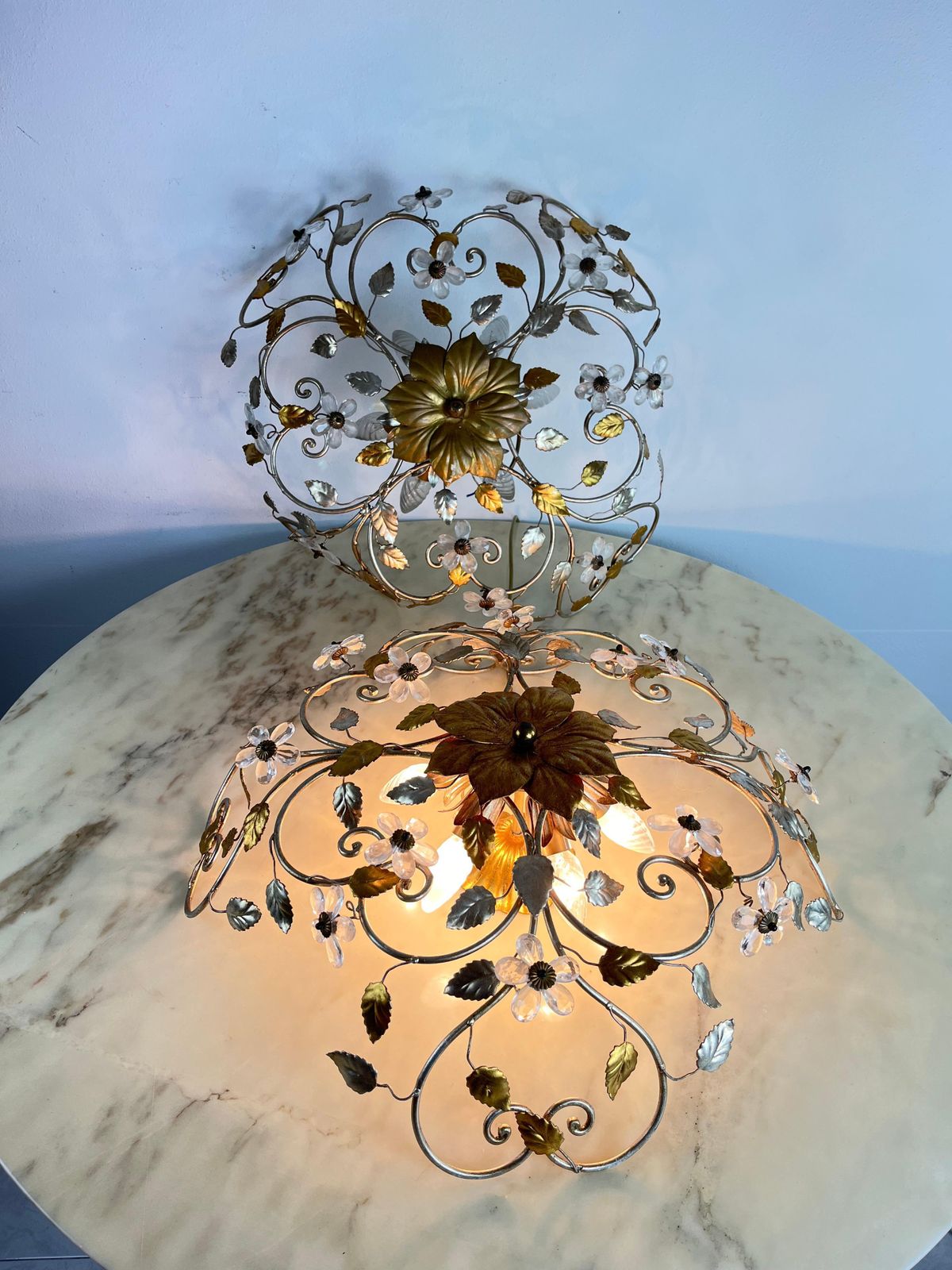 Set Of 2 Large Mid Century Maison Baguès Crystal And Iron Ceiling Lights photo vinterior