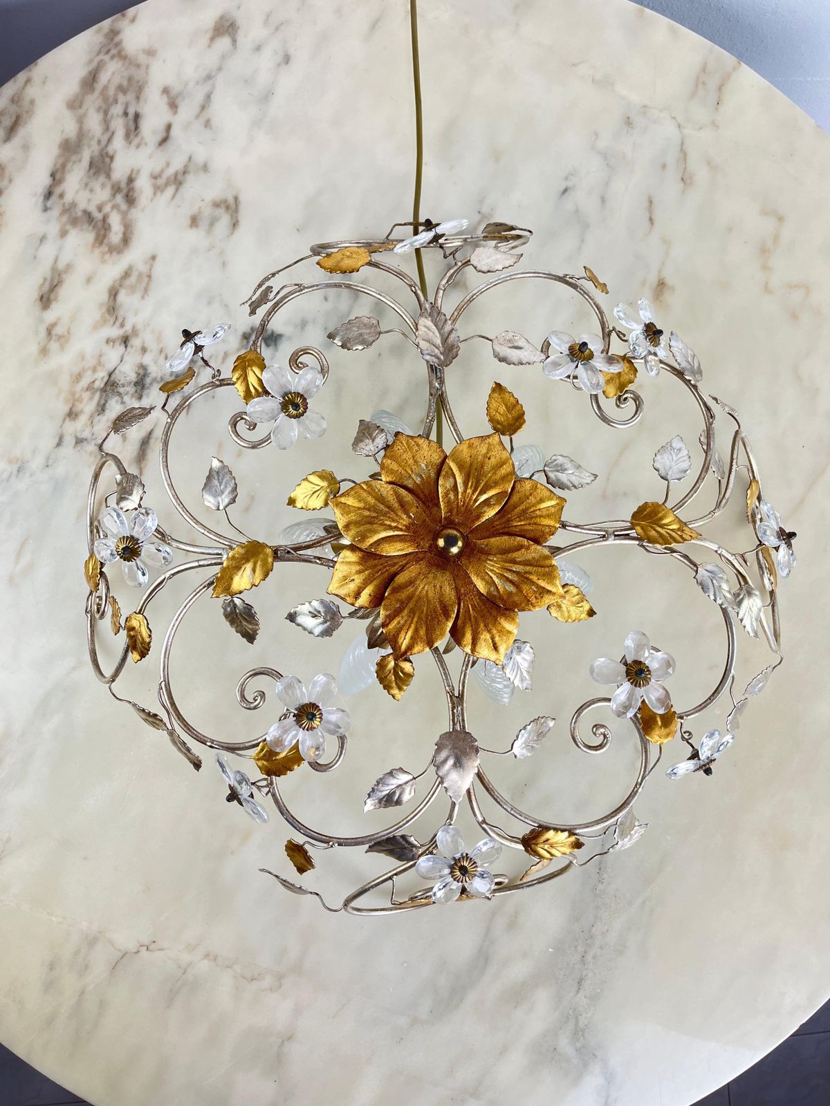 photo for sale Set Of 2 Large Mid Century Maison Baguès Crystal And Iron Ceiling Lights