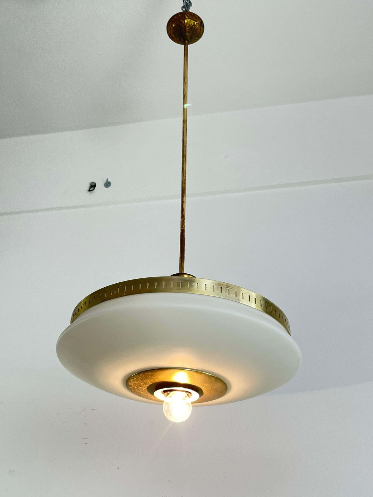 photo furniture Mid Century Stilux Milano Chandelier In Opaline Glass, Perspex And Brass 1960s