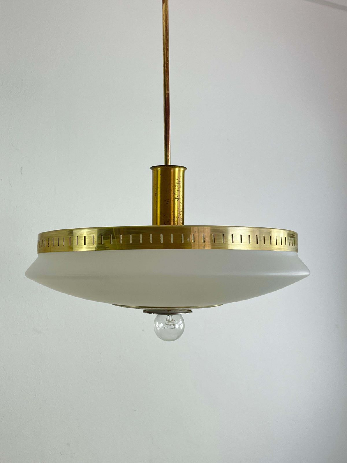 photo for sale Mid Century Stilux Milano Chandelier In Opaline Glass, Perspex And Brass 1960s