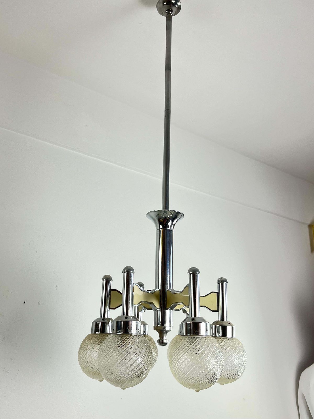 Vintage Six Light Steel And Murano Glass Chandelier Attributed To L. Frigerio photo Lighting