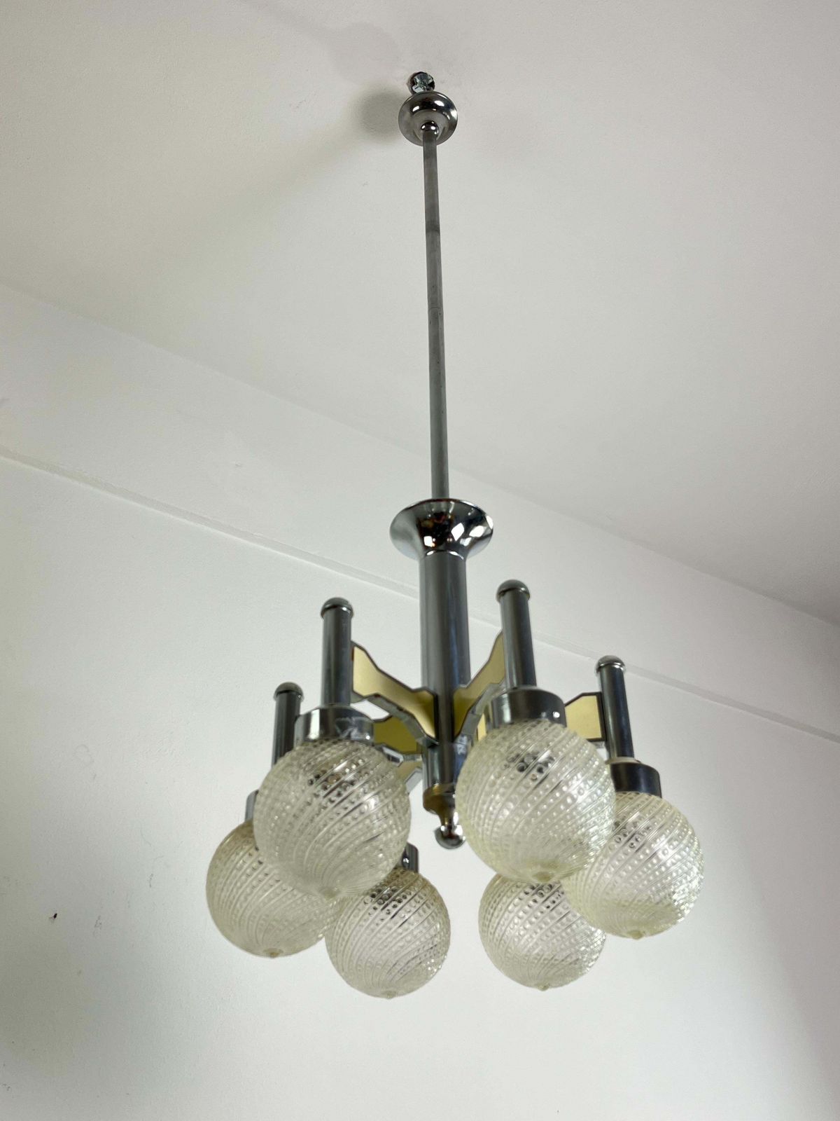Vintage Six Light Steel And Murano Glass Chandelier Attributed To L. Frigerio photo vintage