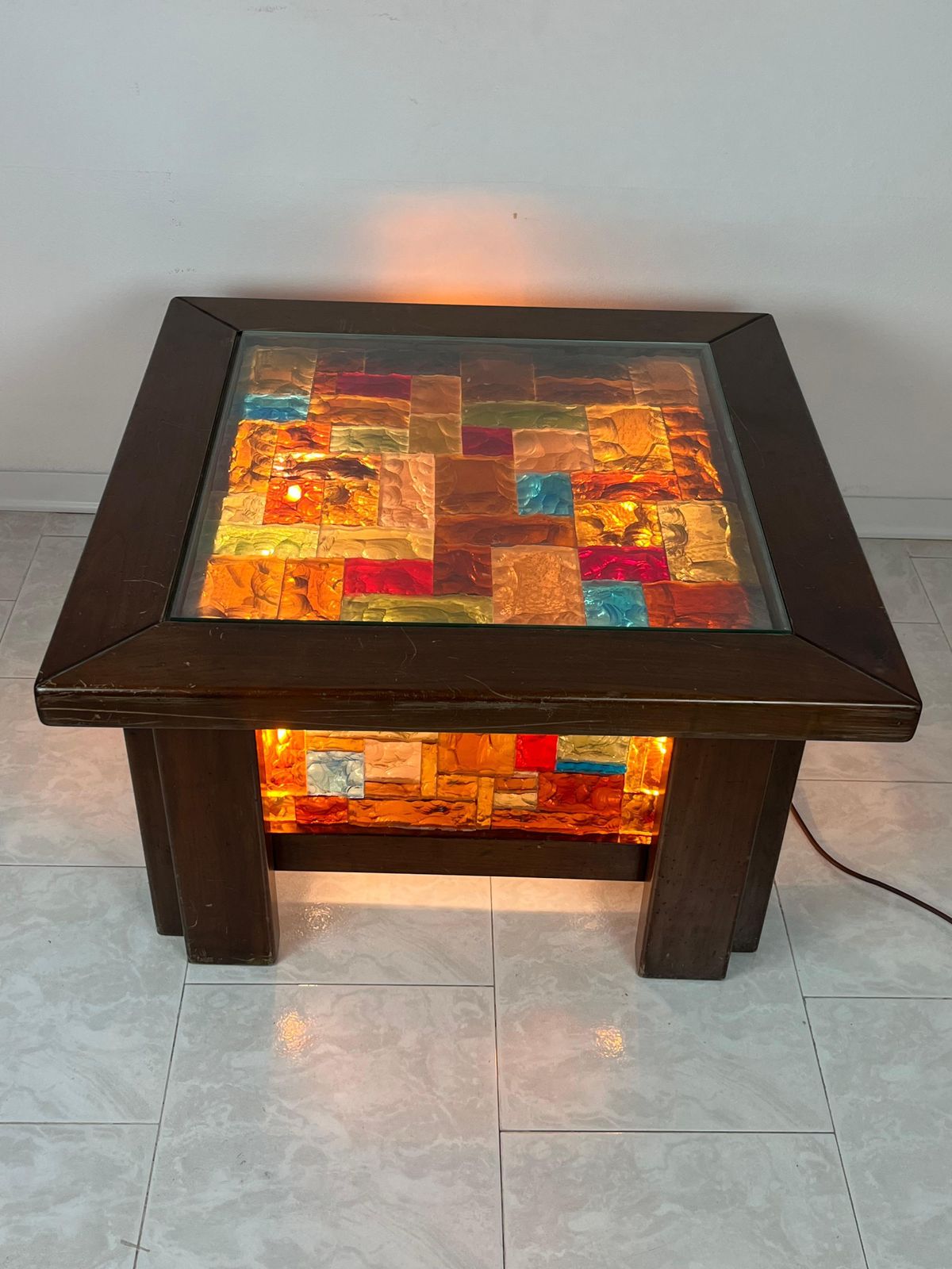 4 Light Coffee Table In Wood And Multicolor Mosaic Glass, Italy, 1980s photo furniture