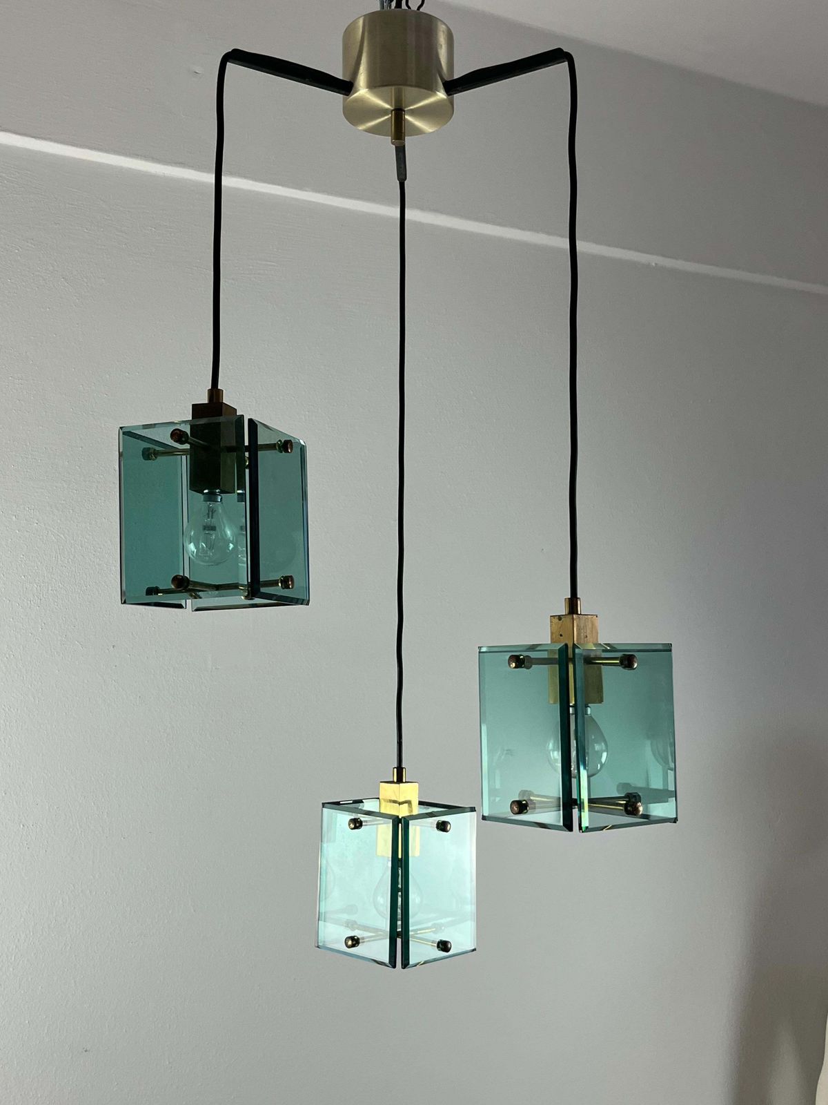 Vintage 3 Light Fontana Arte  Pendant Chandelier  1960s photo Lighting