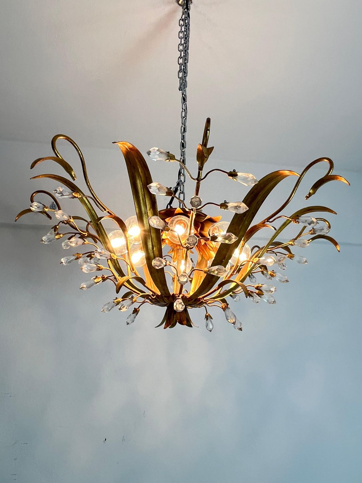 Set Of 2 Large 8 Light Mid Century Maison Baguès Crystal And Iron Ceiling Lights photo Lighting