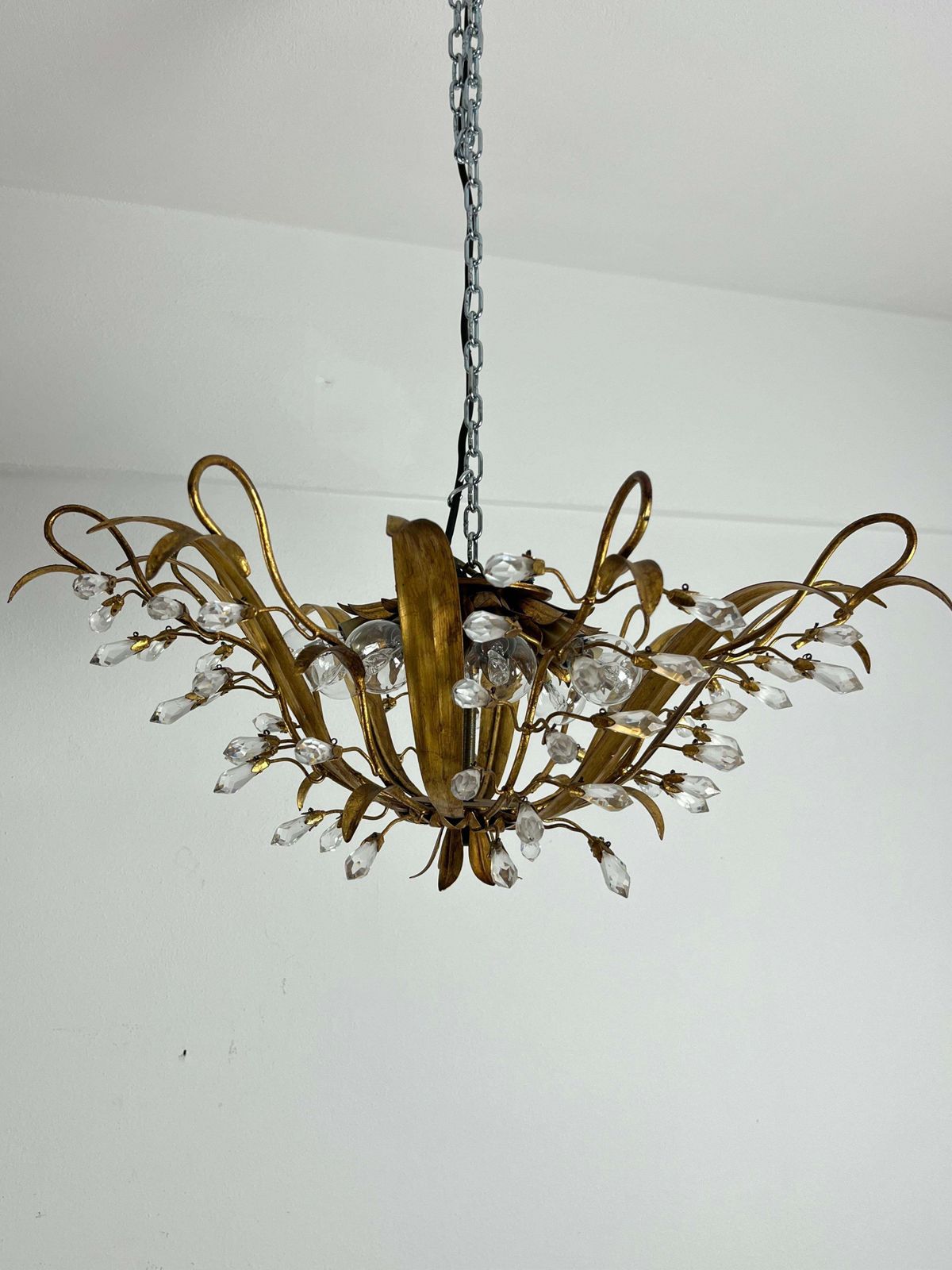 photo for sale Set Of 2 Large 8 Light Mid Century Maison Baguès Crystal And Iron Ceiling Lights