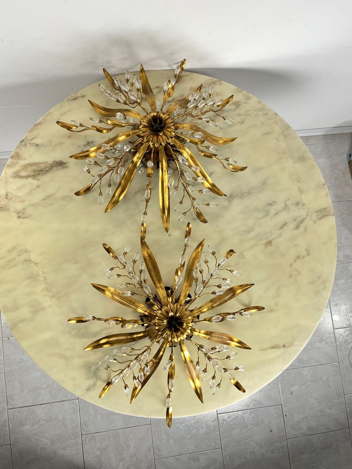 photo buy Set Of 2 Large 8 Light Mid Century Maison Baguès Crystal And Iron Ceiling Lights