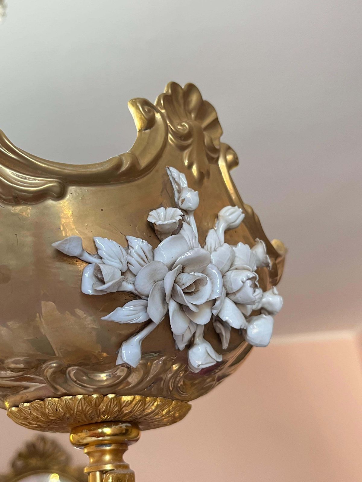 photo furniture Large Two Light Brass And Porcelain Chandelier, Italy, 1980s