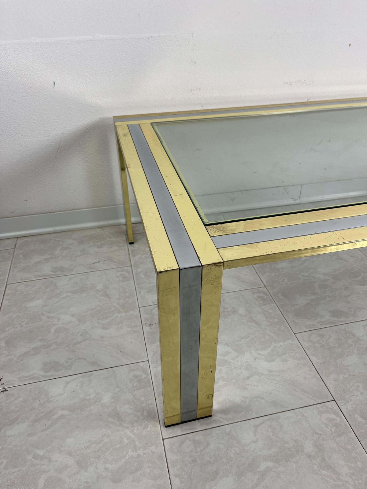 photo furniture Large Coffee Table In Brass And Chromed Metal Attributed To Romeo Rega, 1970s