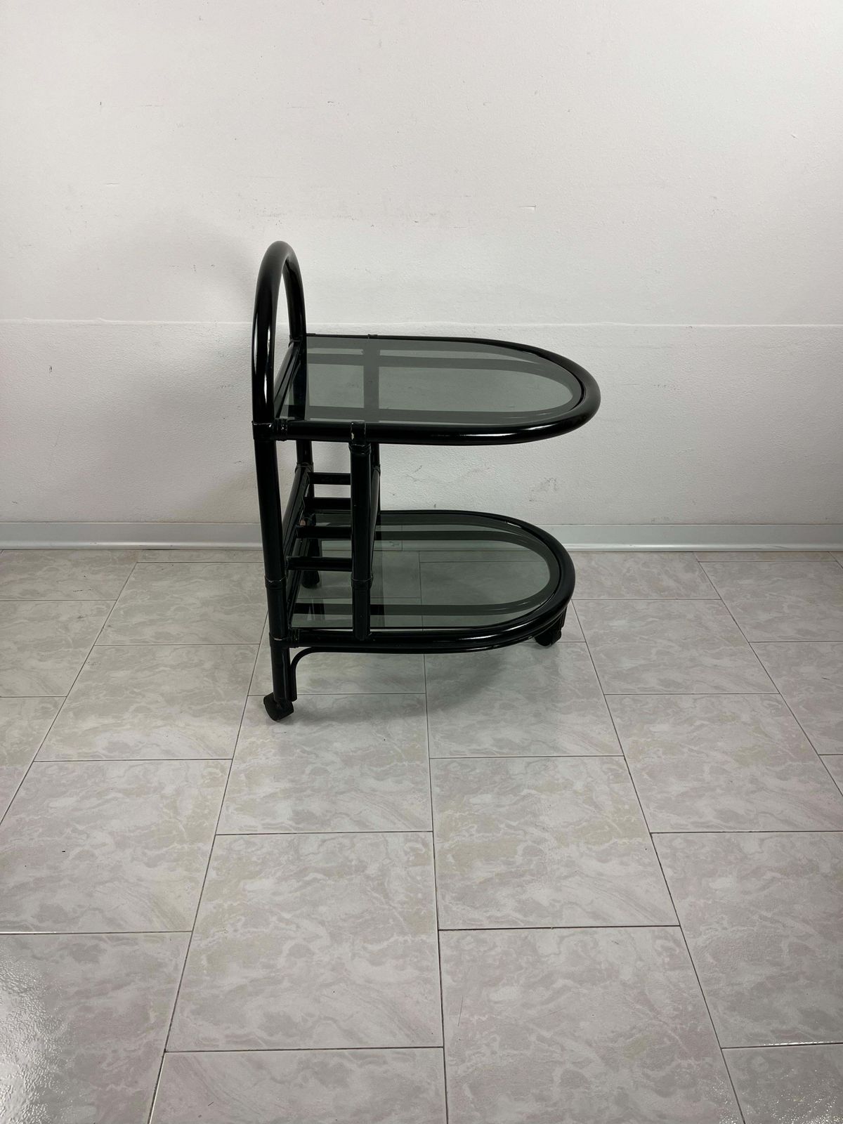 Mid Century Italian "Roberti" Bamboo Bar Cart With 2 Smoked Glass Tops, 1960s photo furniture