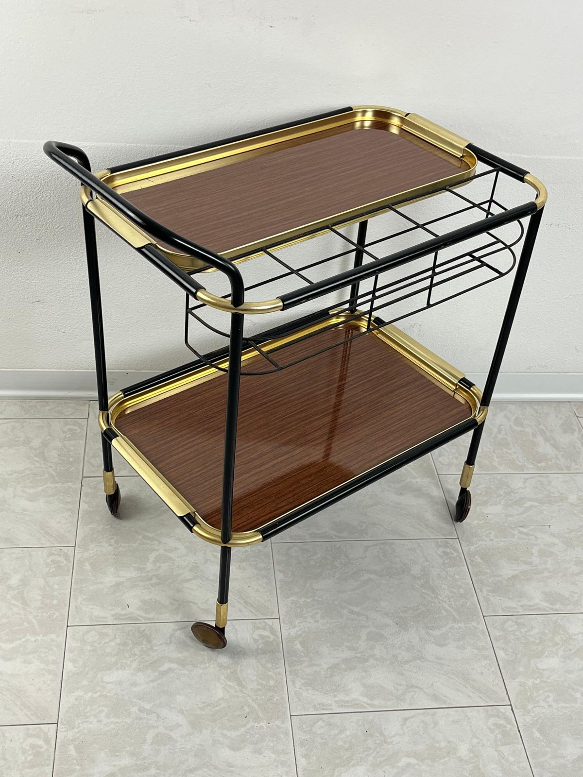 photo for sale Mid Century Brass Bar Cart In The Style Of Ico Parisi Removable Trays 1960s
