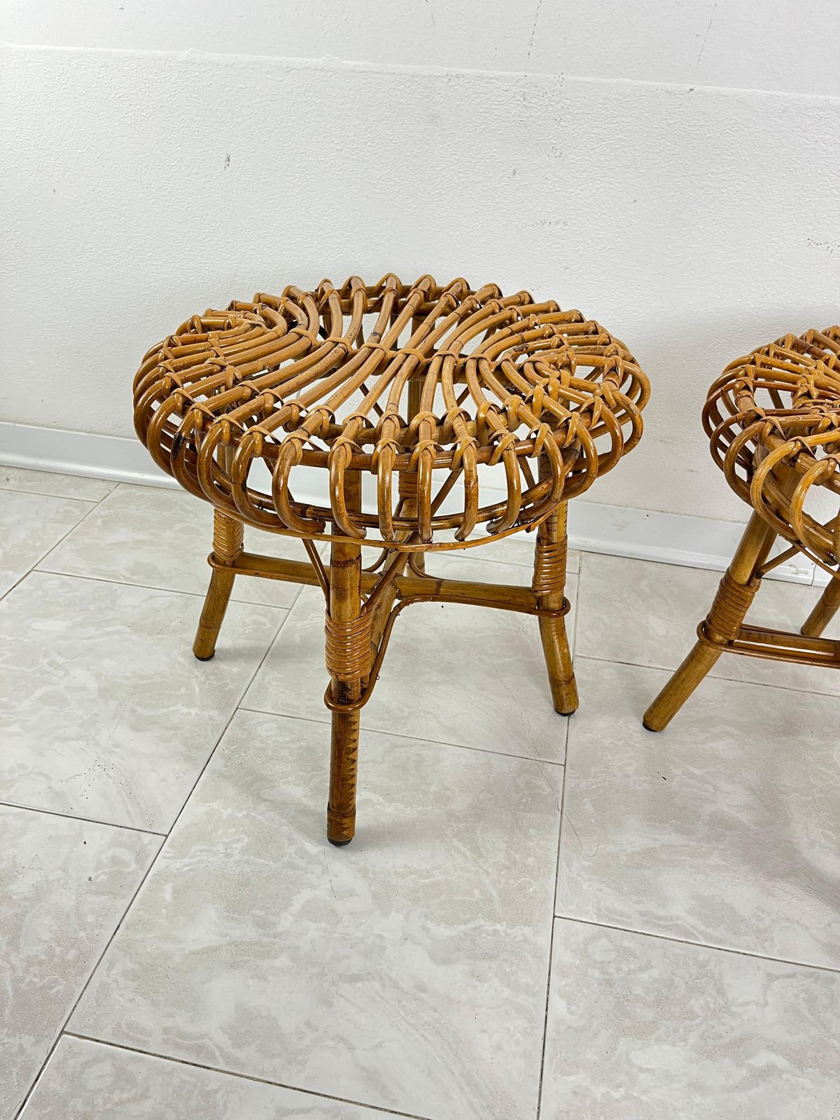 Set Of 2 Mid Century Bamboo Stools Attributed To Franco Albini, 1960s photo Furniture