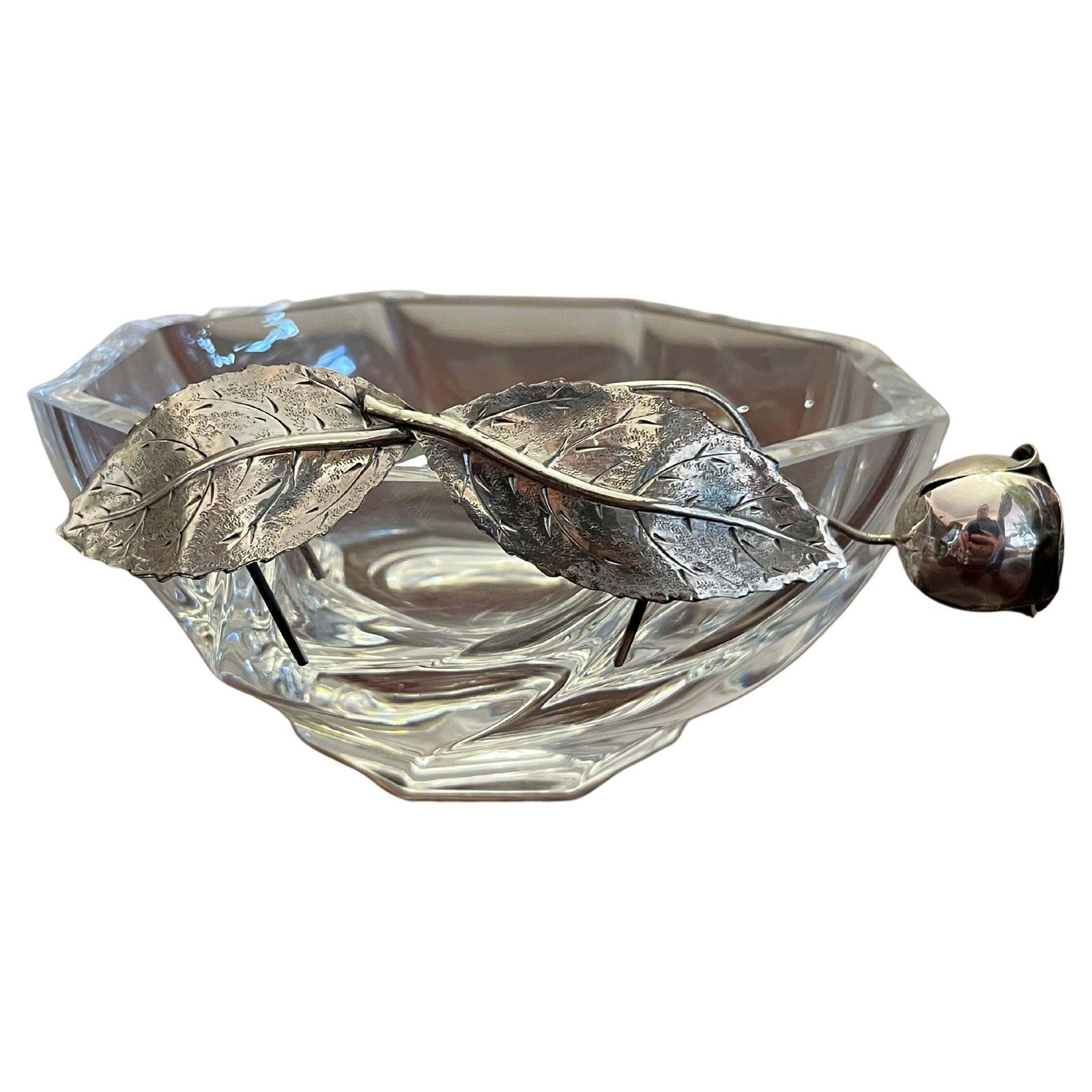 Crystal Ashtray/Valet Tray With Handcrafted 800 Silver Flower, Italy, 1990s