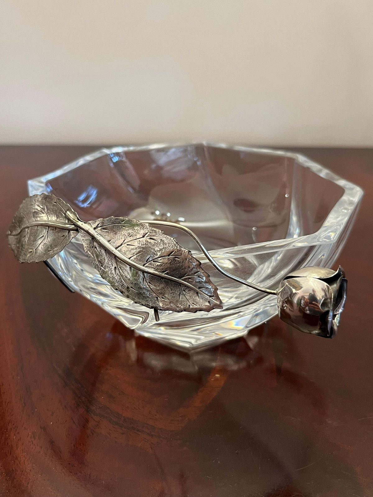Crystal Ashtray/Valet Tray With Handcrafted 800 Silver Flower, Italy, 1990s photo furniture