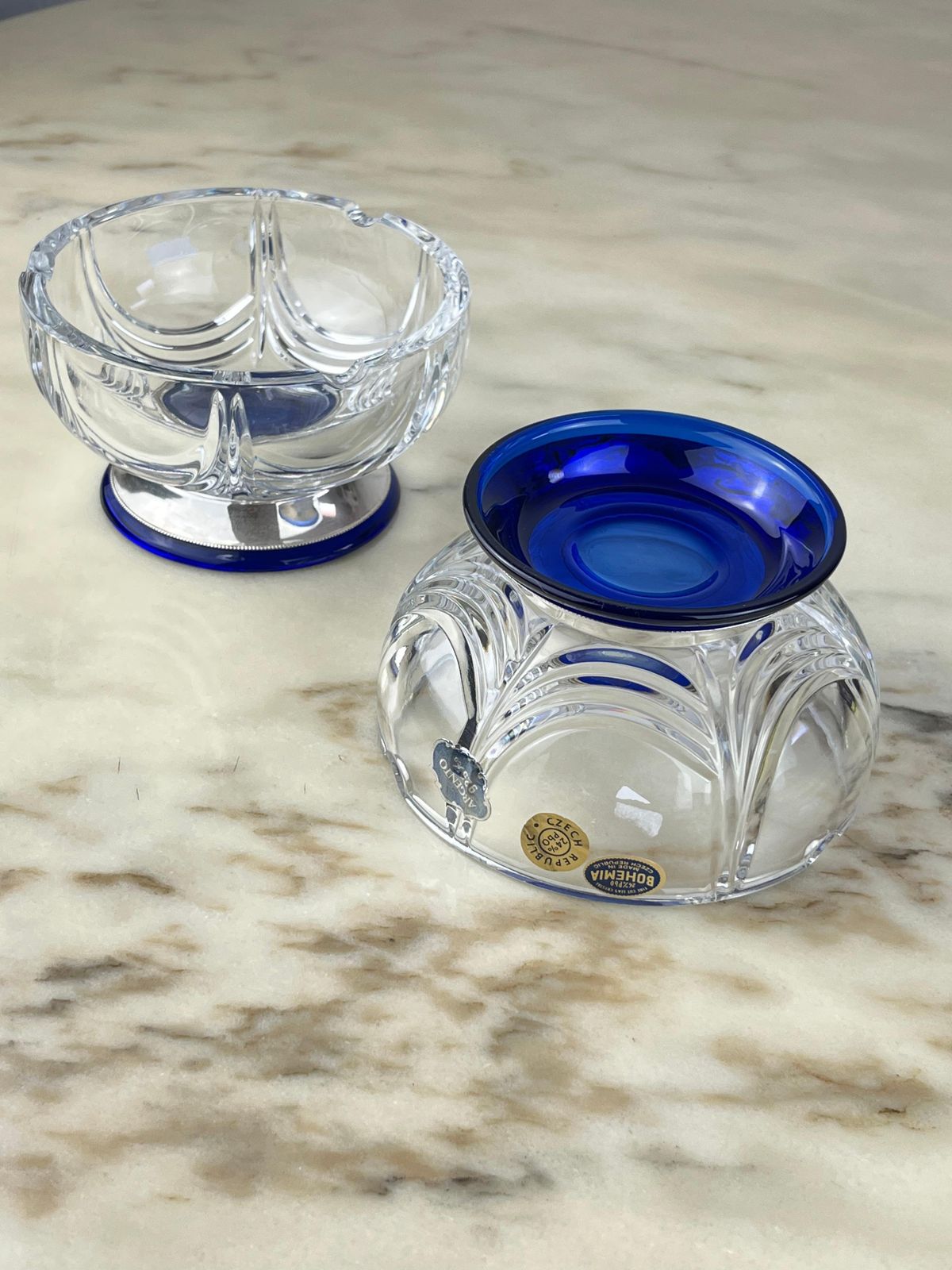 Pair Of Bohemian Crystal And Sterling Silver Ashtrays, 1980s photo buy