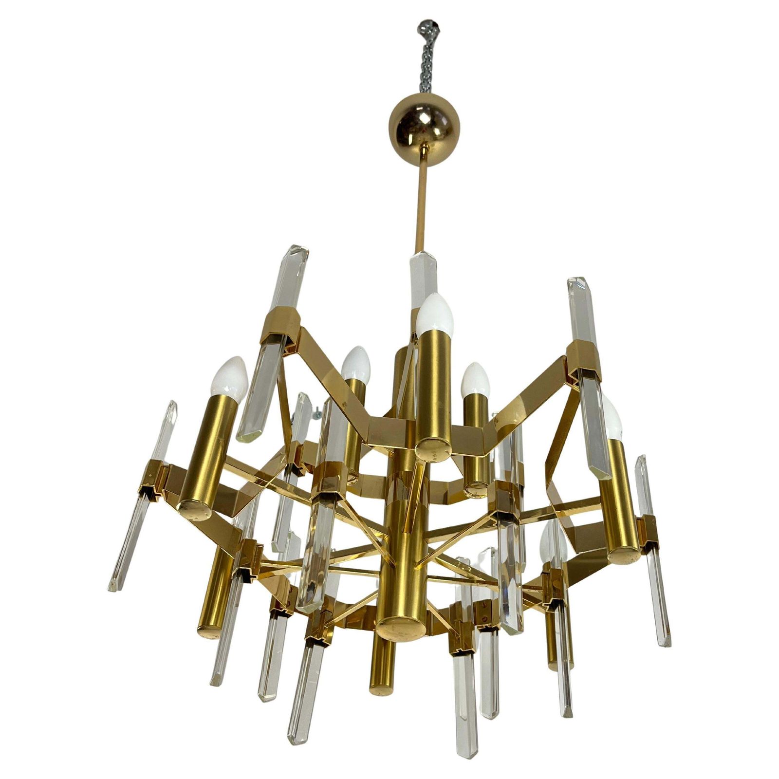 9 Light Chandelier By Gaetano Sciolari In Golden Brass And Crystal, 1970s