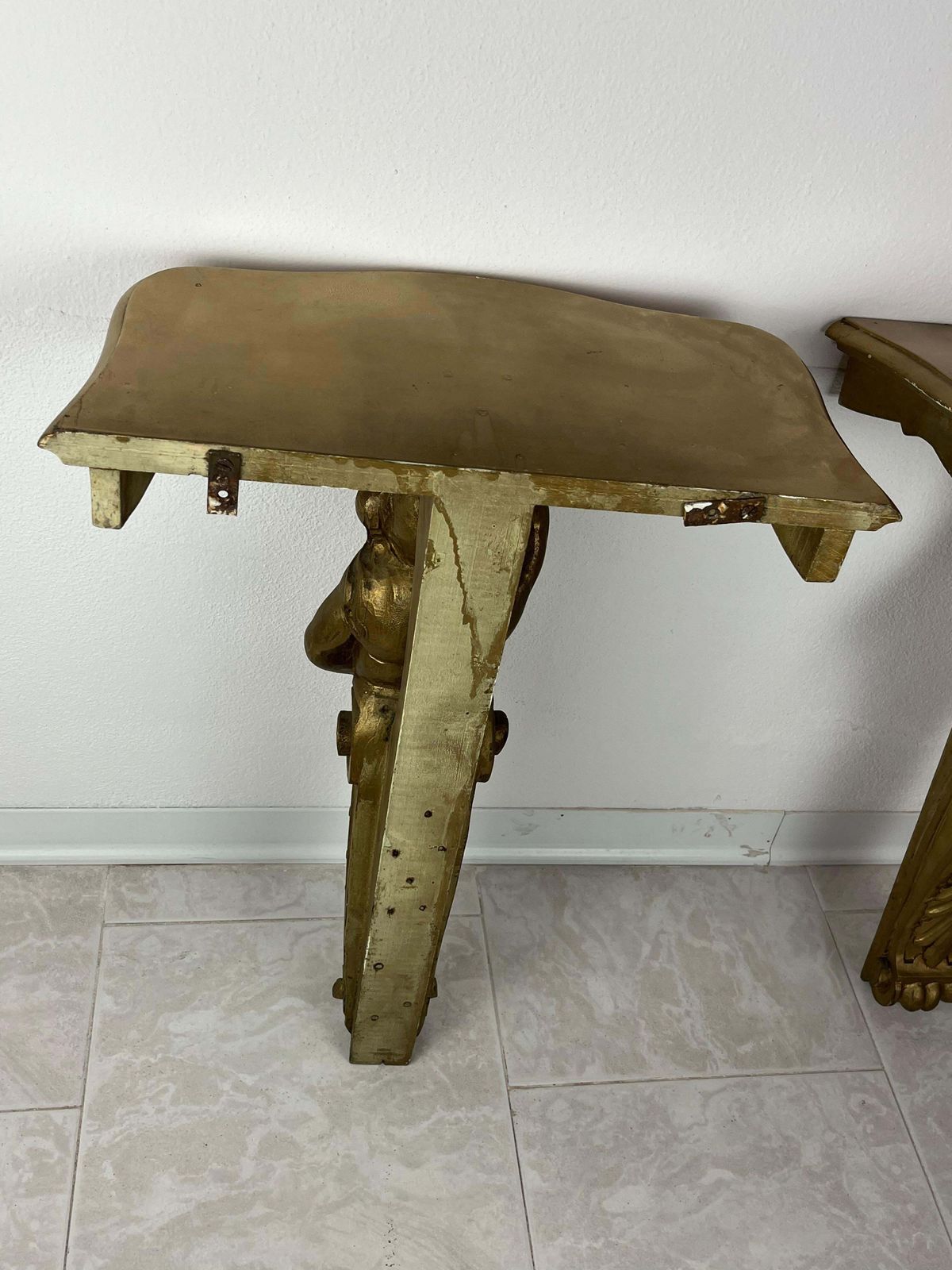 Set Of 2 Mid Century Gilded Wood Wall Consoles, 1940s photo vintage