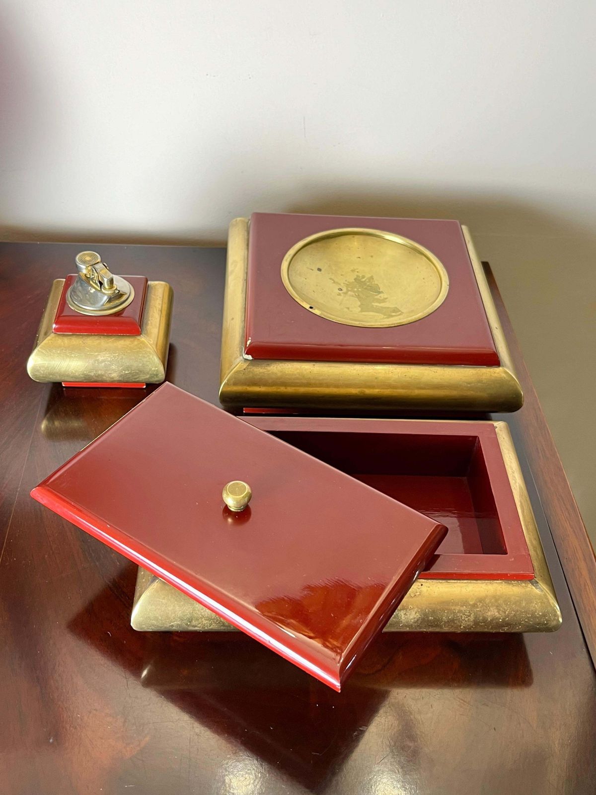 3 Piece Smoking Set In Brass And Enamelled Wood, Made In Italy, 1970s photo vintage
