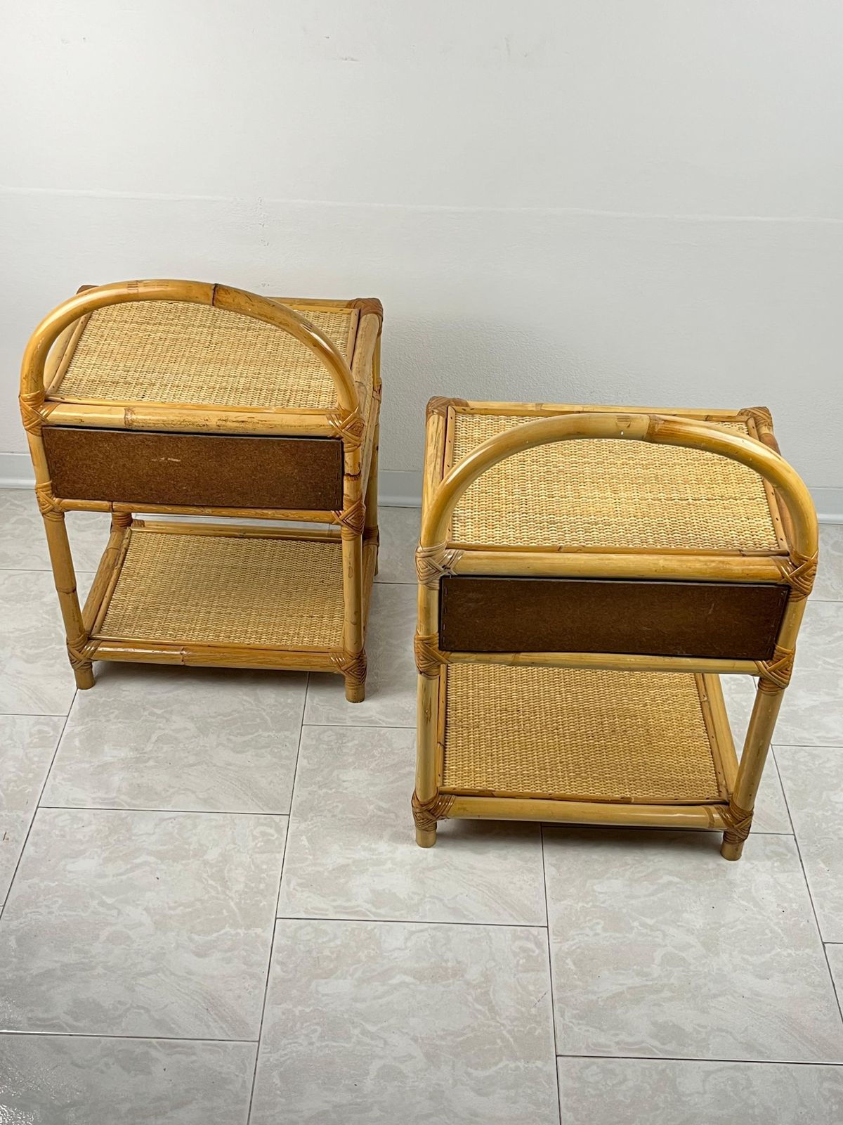 Pair Of Vintage Italian  Bamboo And Rattan Bedside Tables 1970s photo Furniture