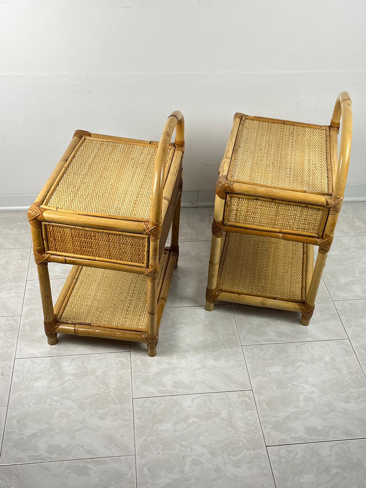 Pair Of Vintage Italian  Bamboo And Rattan Bedside Tables 1970s photo 1025.0