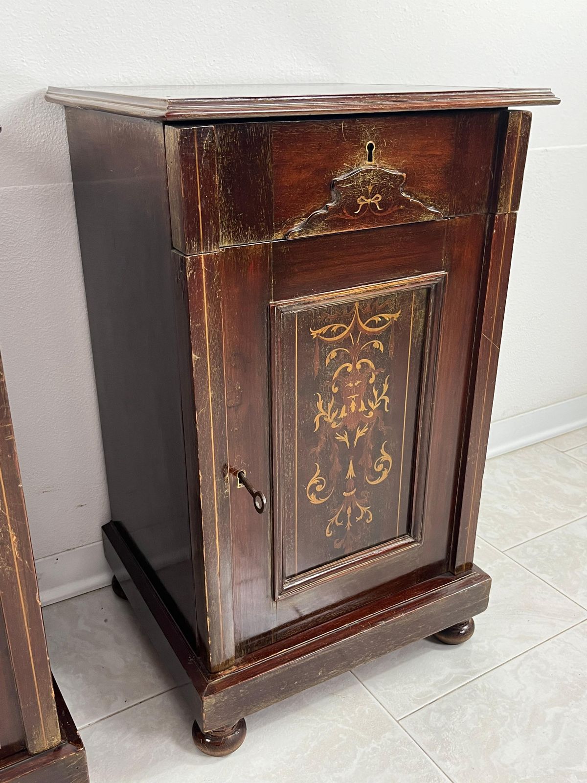 Set Of 2 English Edwardian Bedside Tables With Inlays, 1930s photo for sale
