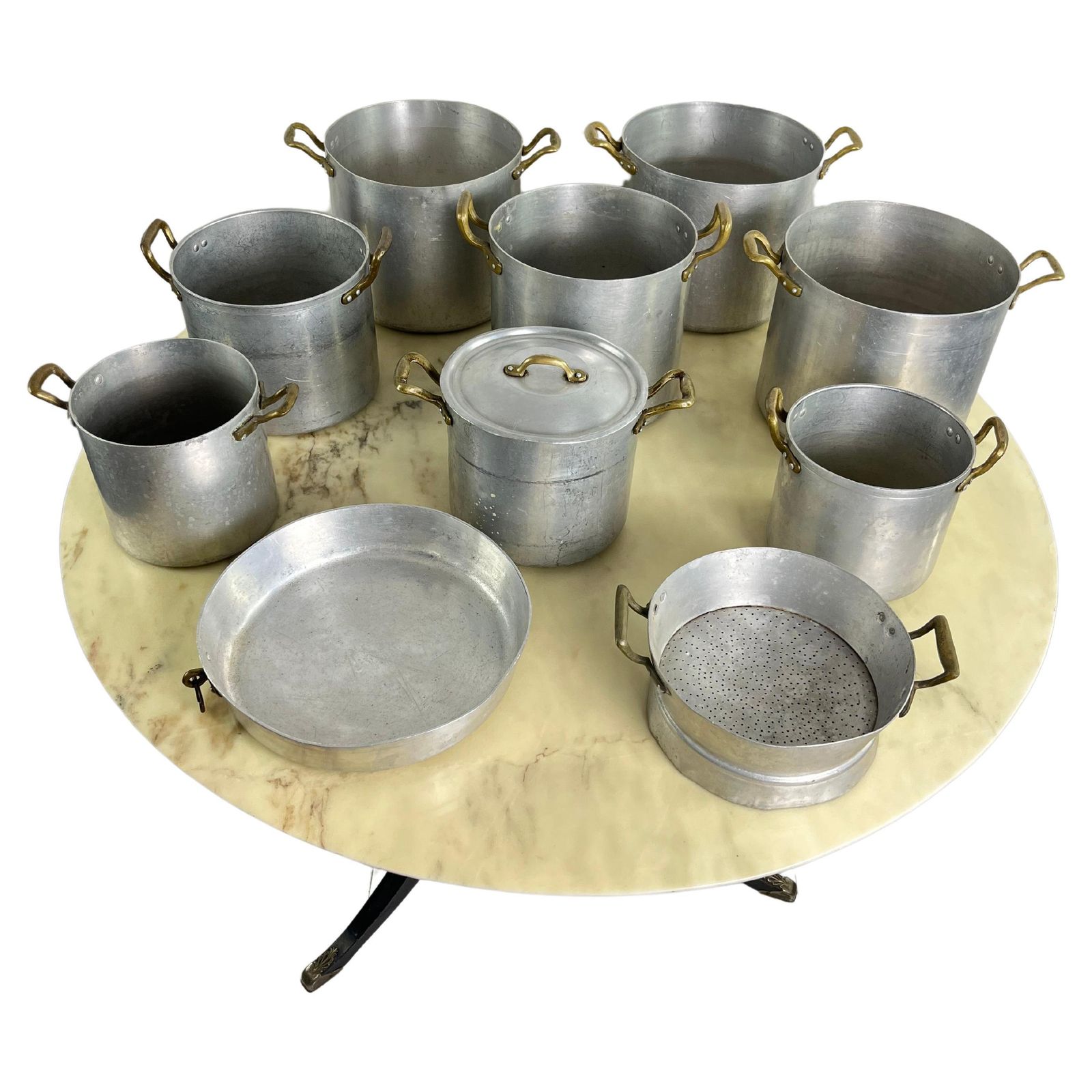 Set Of 10 Mid Century Aluminum And Brass Pots, Baking Pan And Sieve 1940s