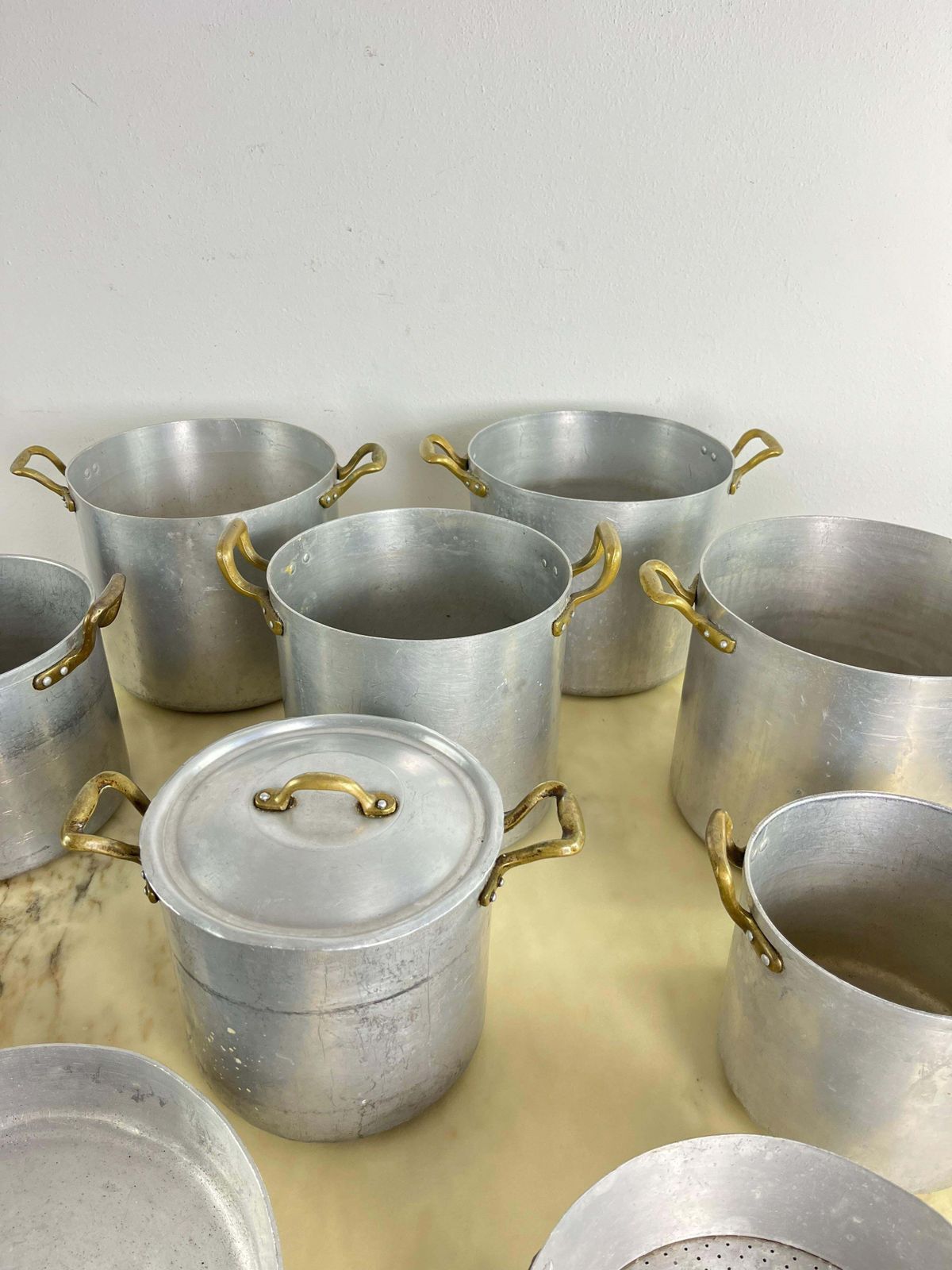 Set Of 10 Mid Century Aluminum And Brass Pots, Baking Pan And Sieve 1940s photo Home Decor