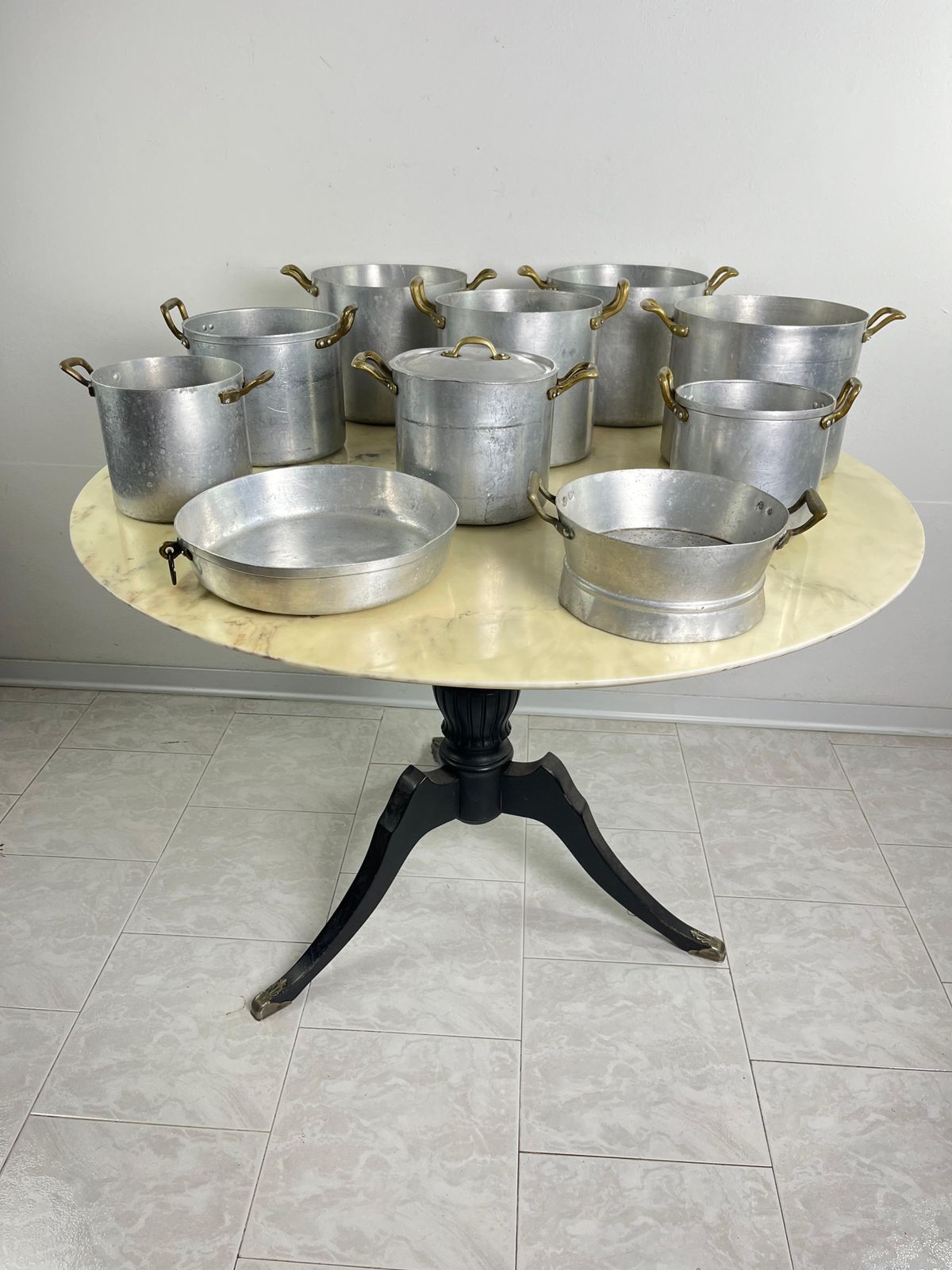 Set Of 10 Mid Century Aluminum And Brass Pots, Baking Pan And Sieve 1940s photo buy