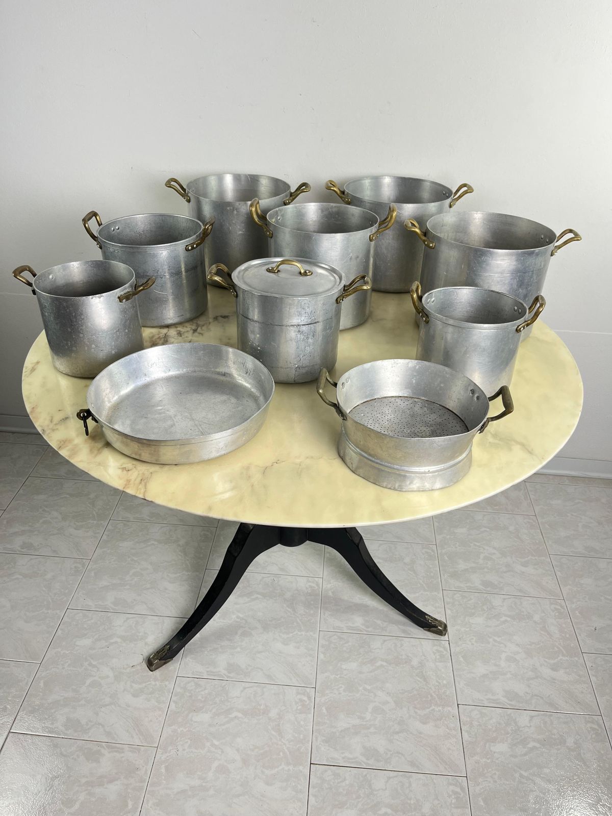 Set Of 10 Mid Century Aluminum And Brass Pots, Baking Pan And Sieve 1940s photo vintage