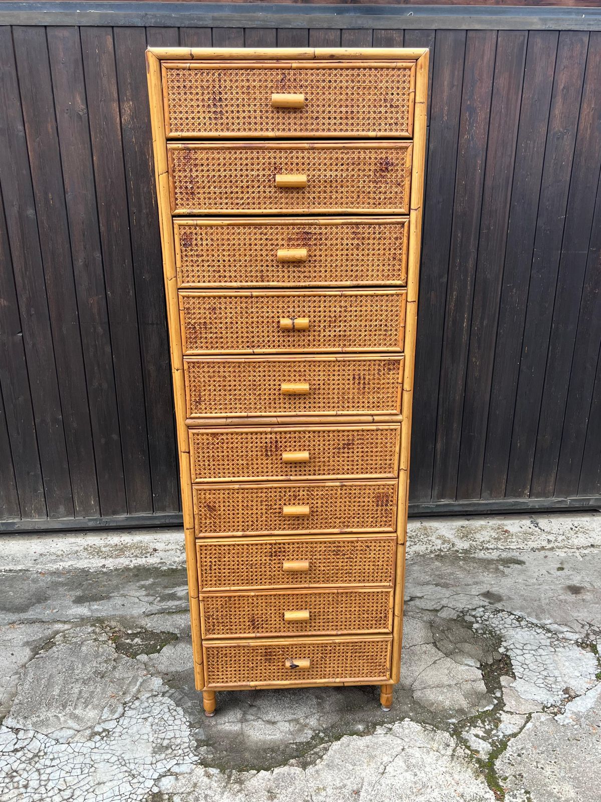Mid Century Italian 10 Drawer Rattan And Bamboo Chest Of Drawers, 1960s photo vinterior